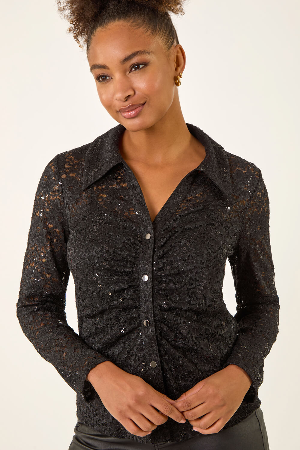 Black Sequin Lace Collared Blouse, Image 3 of 6