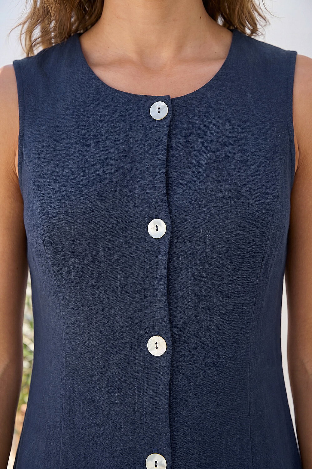 Navy Petite Linen Panel Button Dress , Image 5 of 4