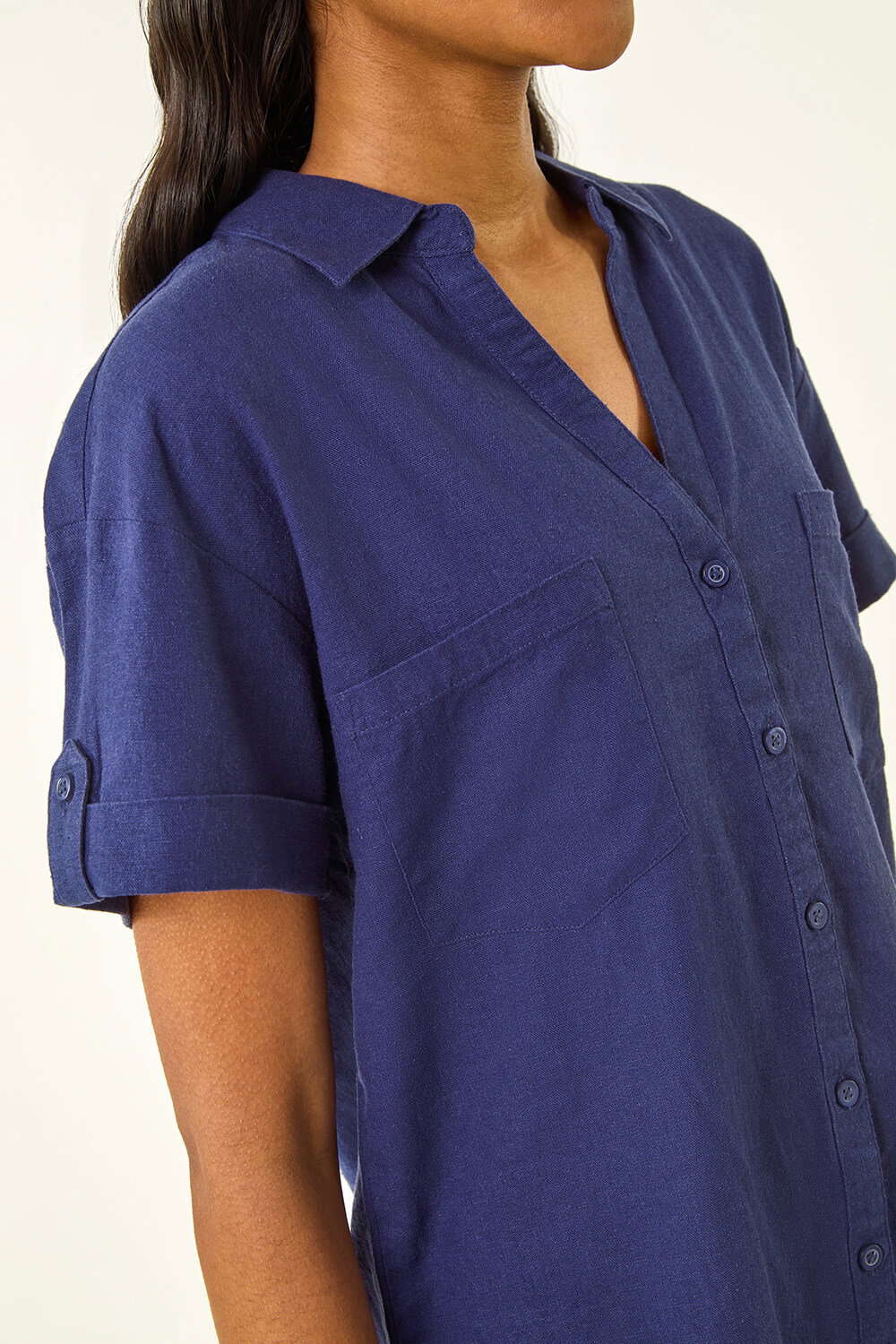 Navy Linen Blend Collared Shirt, Image 6 of 5