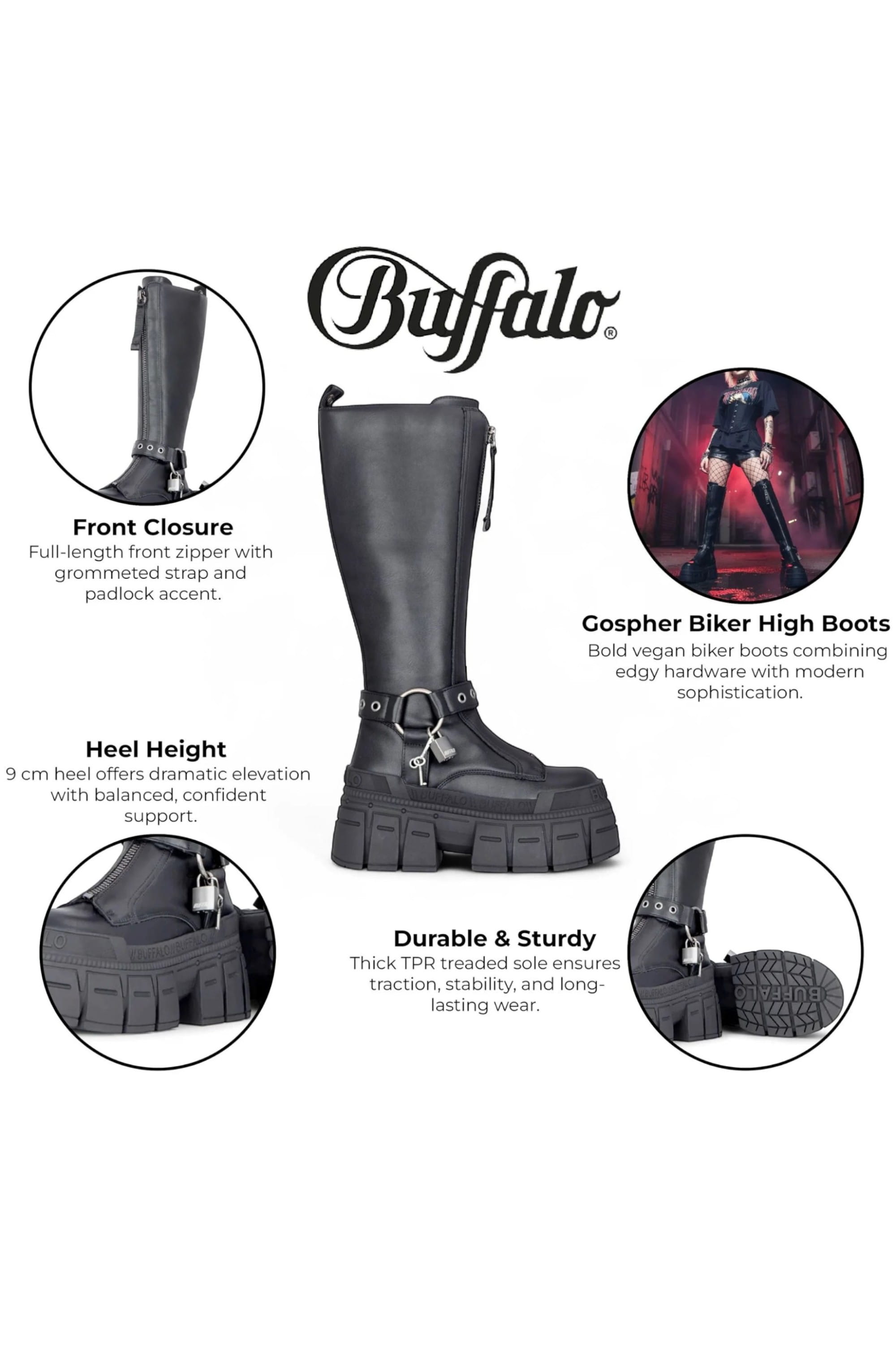Black Womens High Goth Biker Boots -Gospher Hi, Image 3 of 7