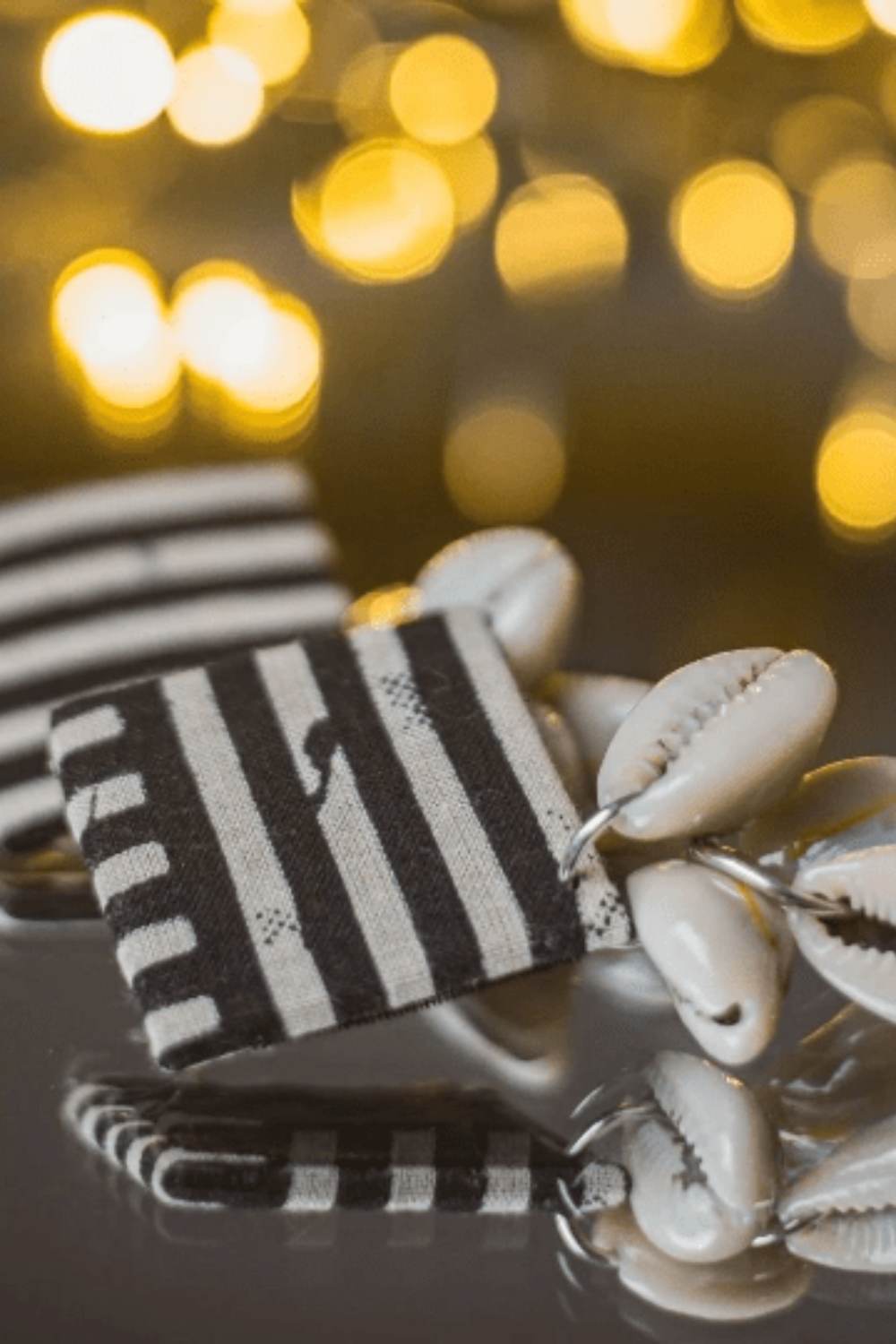 Black Handmade Black, White Square Fabric Earrings with Cowrie, Image 2 of 3
