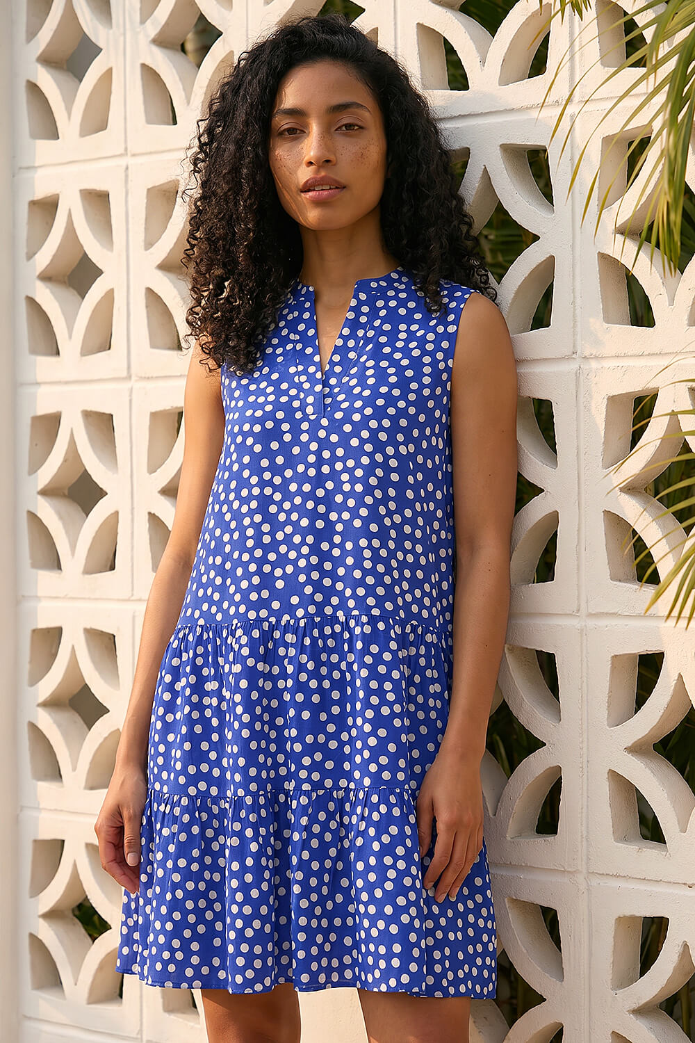 Royal Blue Polka Dot Tiered Swing Dress, Image 3 of 4