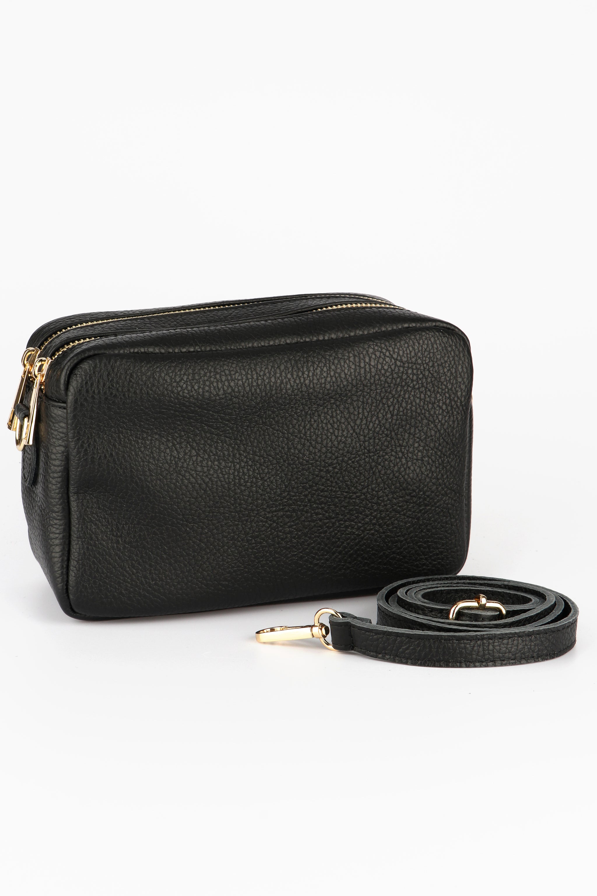 Black Double Zip Italian Leather Crossbody Bag, Image 1 of 3