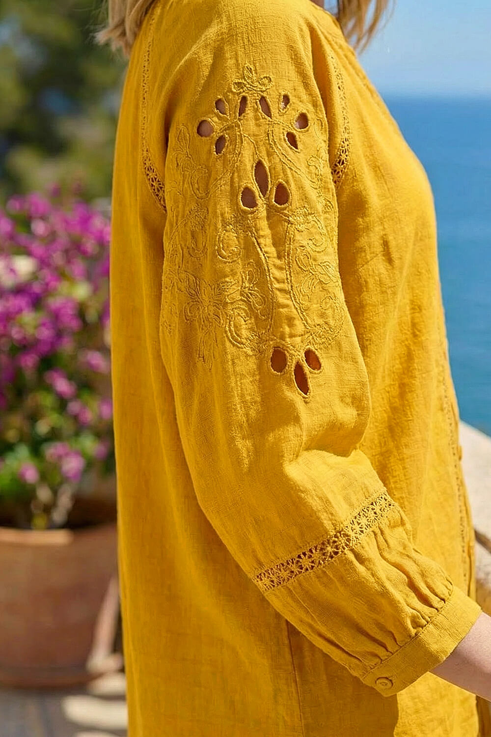 Ochre Embroidered Sleeve Cotton Blouse, Image 5 of 4