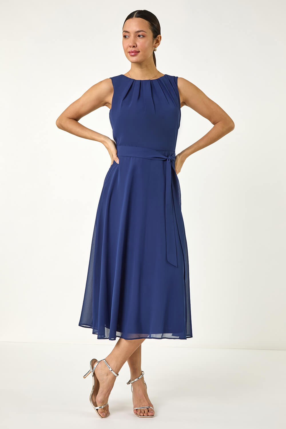 Pleated Bodice One Shoulder Long Chiffon Dresses Dark Navy Plus Size