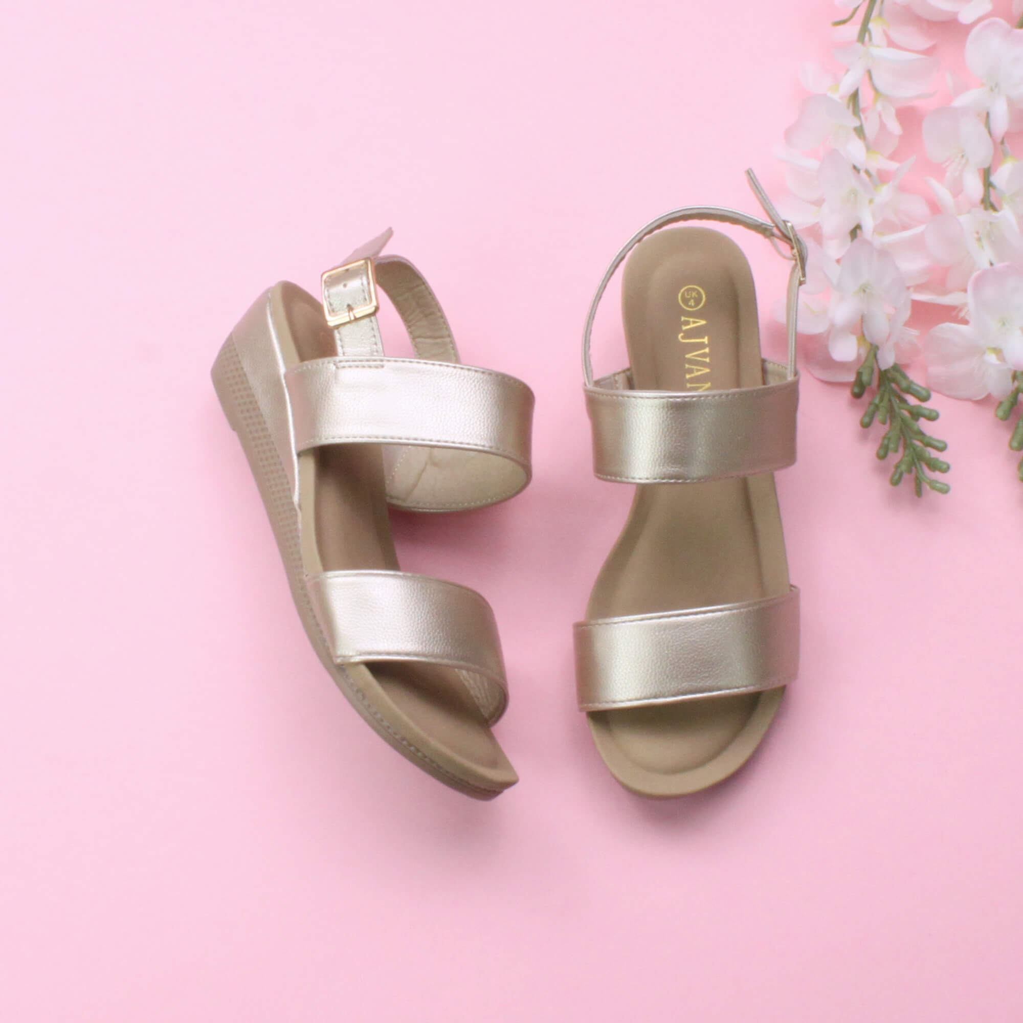 Gold AJVANI Gold Mid Wedge Heel Strappy Slingback Sandals, Image 4 of 6