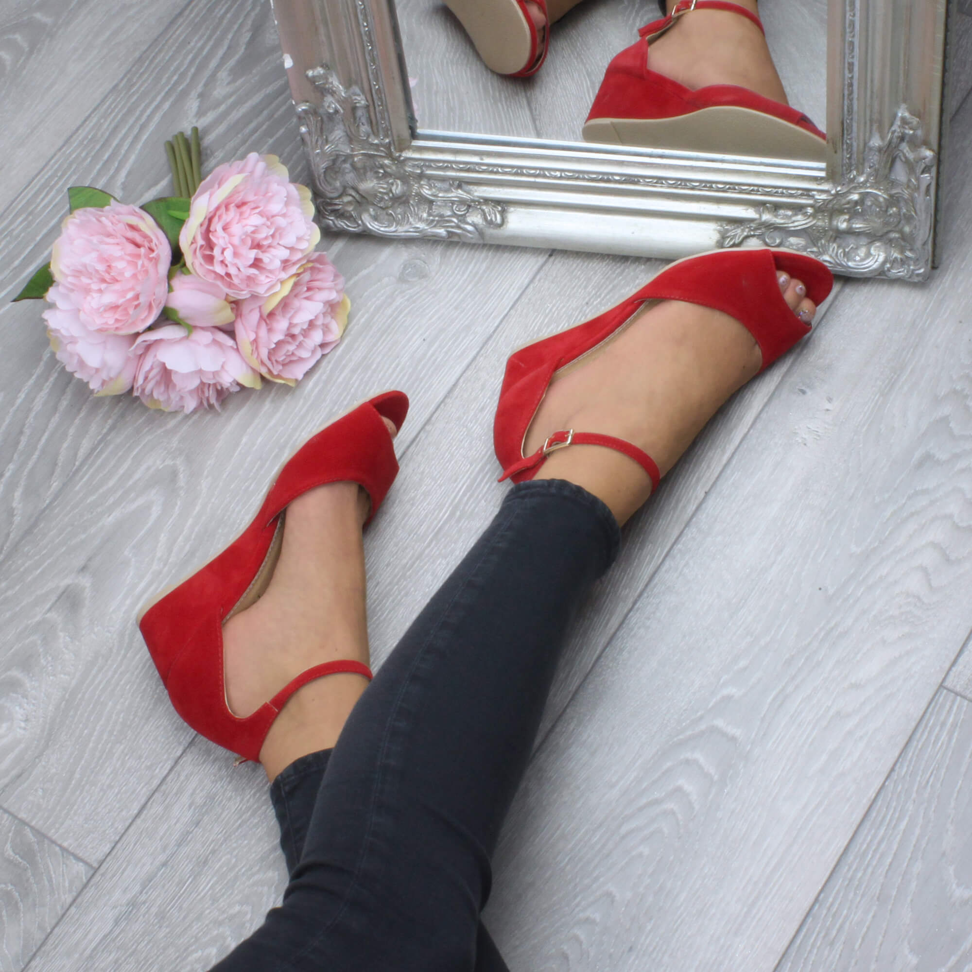 Red AJVANI Red Mid Wedge Heel Ankle Strap Sandals, Image 5 of 6