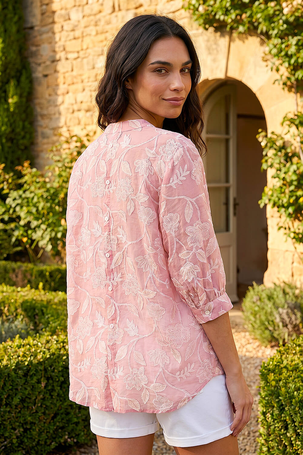 Light Pink Floral Print V-Neck Button Blouse, Image 4 of 4