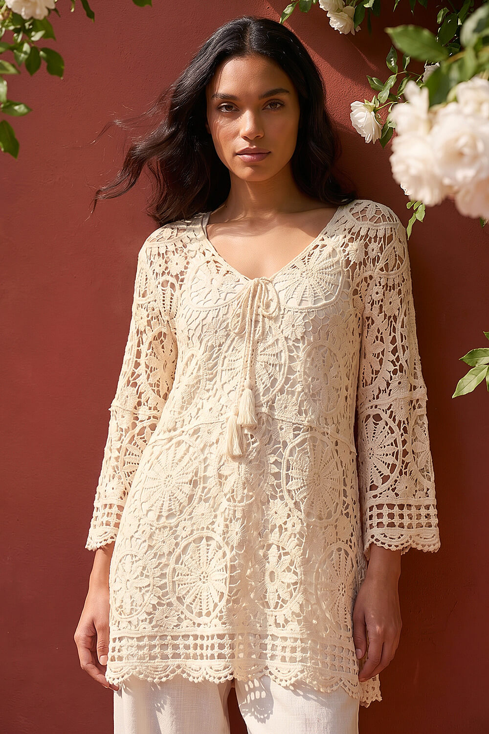 Natural  Crochet Tie Front Knit Tunic, Image 3 of 4