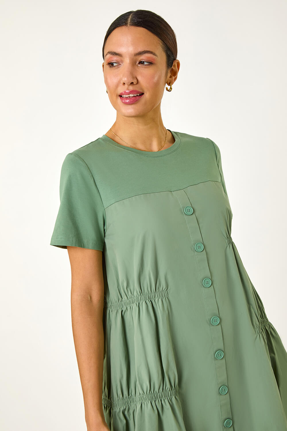 Sage Gathered Cotton Stretch Smock Dress, Image 5 of 5