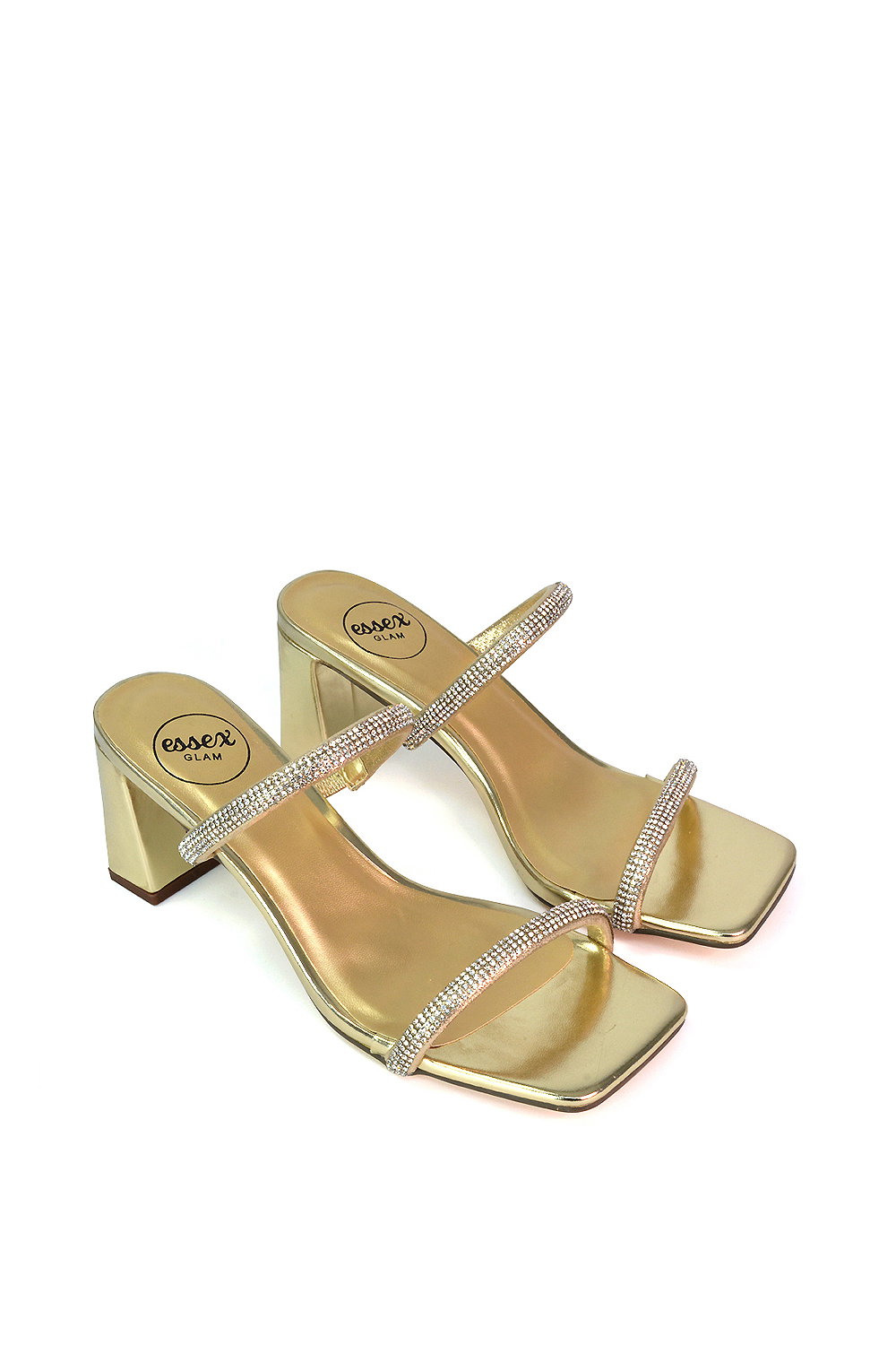 Gold XY LONDON Gold 'Holden' Diamante Strap Square Toe Mid Block Heel Sandal Mules, Image 4 of 5