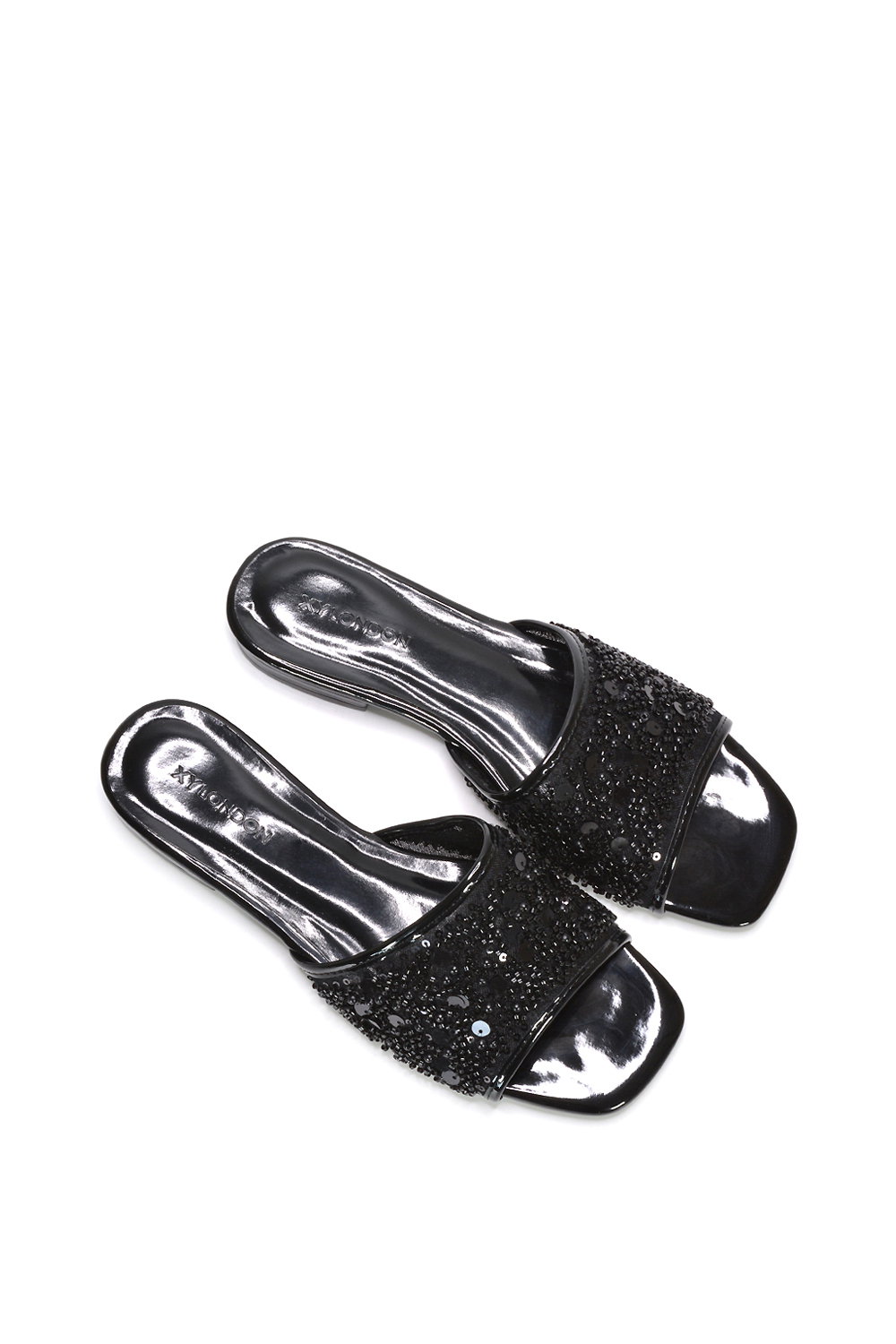Black XY LONDON Black 'Ziva' Embroidered Sequin Slip On Slider Sandals, Image 6 of 6
