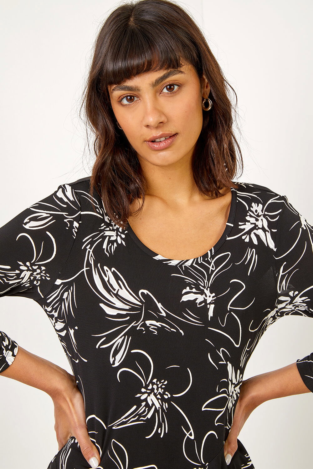 Black Linear Floral Print Hanky Hem Top , Image 5 of 5