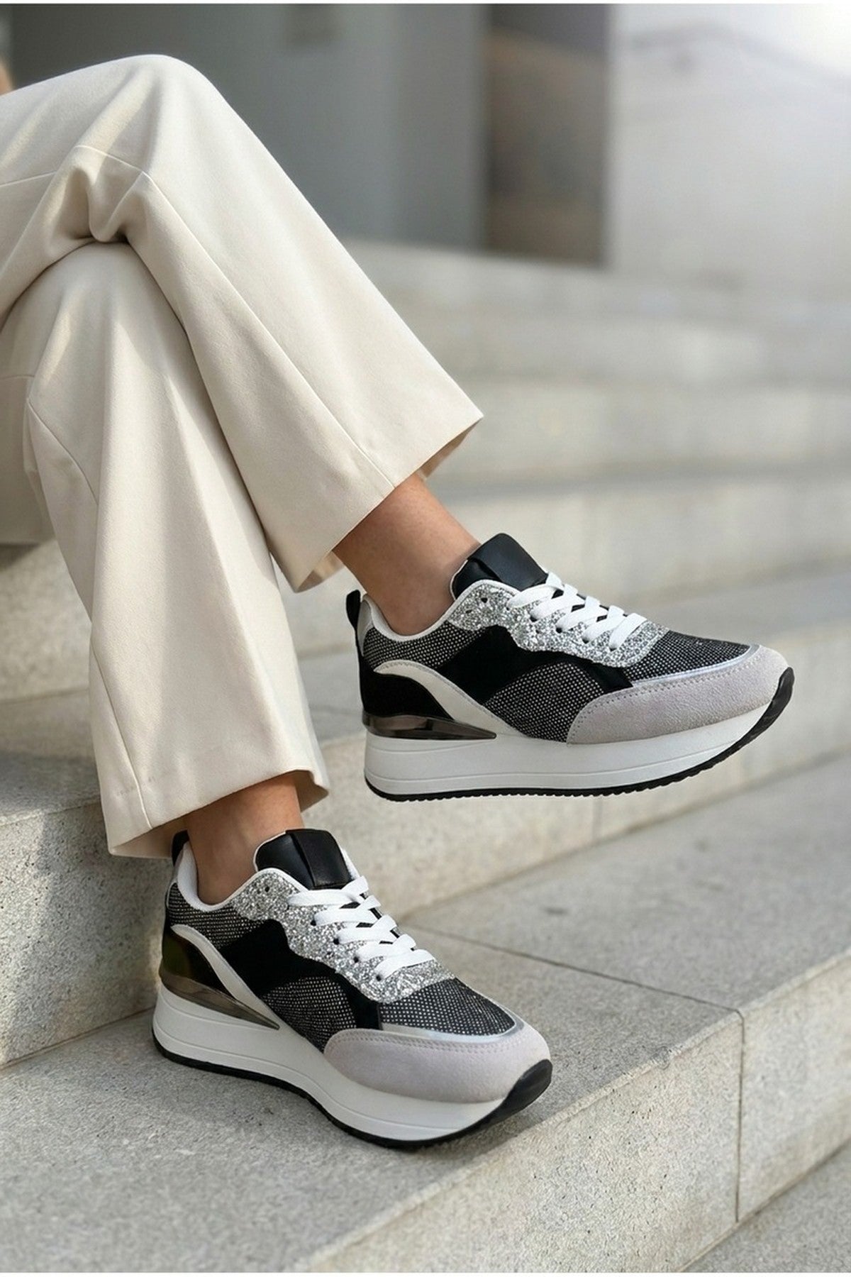 Black Chloe Womens Glitter Panel Platform Trainers, Image 2 of 6