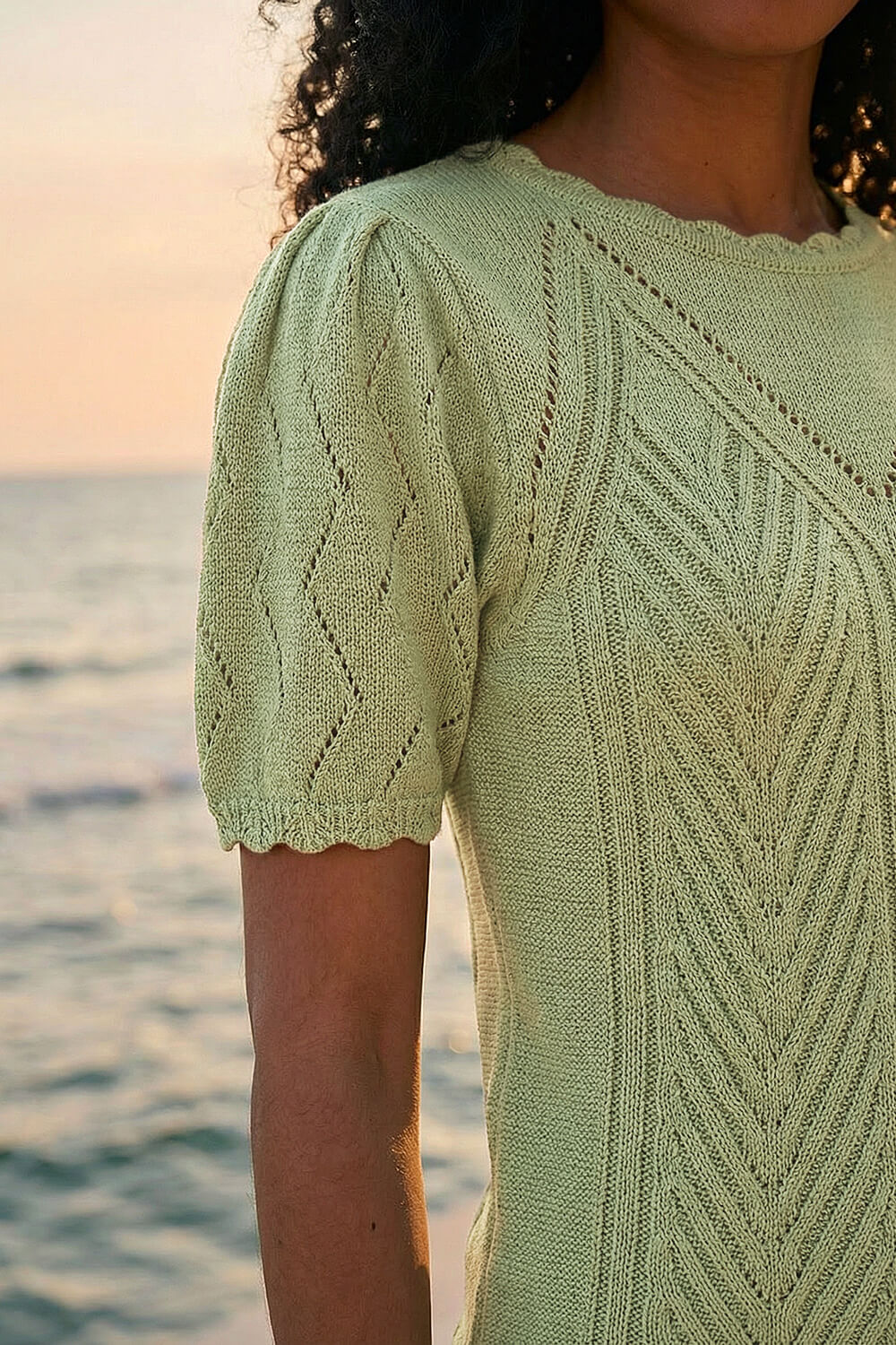 Khaki Scallop Puff Sleeve Knit Top, Image 5 of 4
