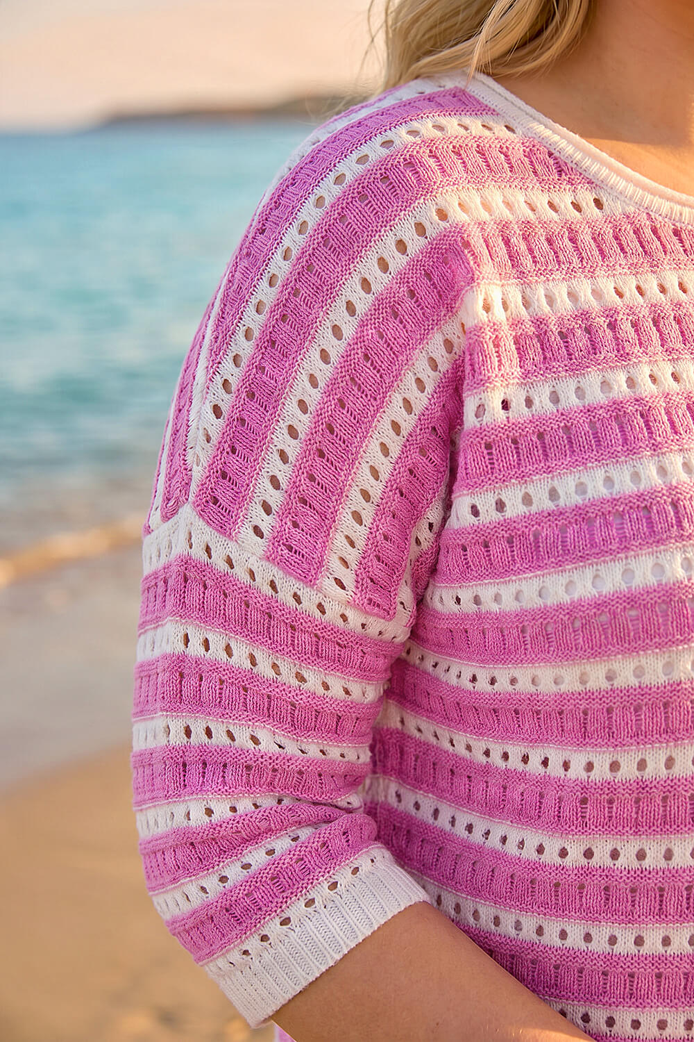 Pink Curve Crochet Stripe Knit Top, Image 5 of 4