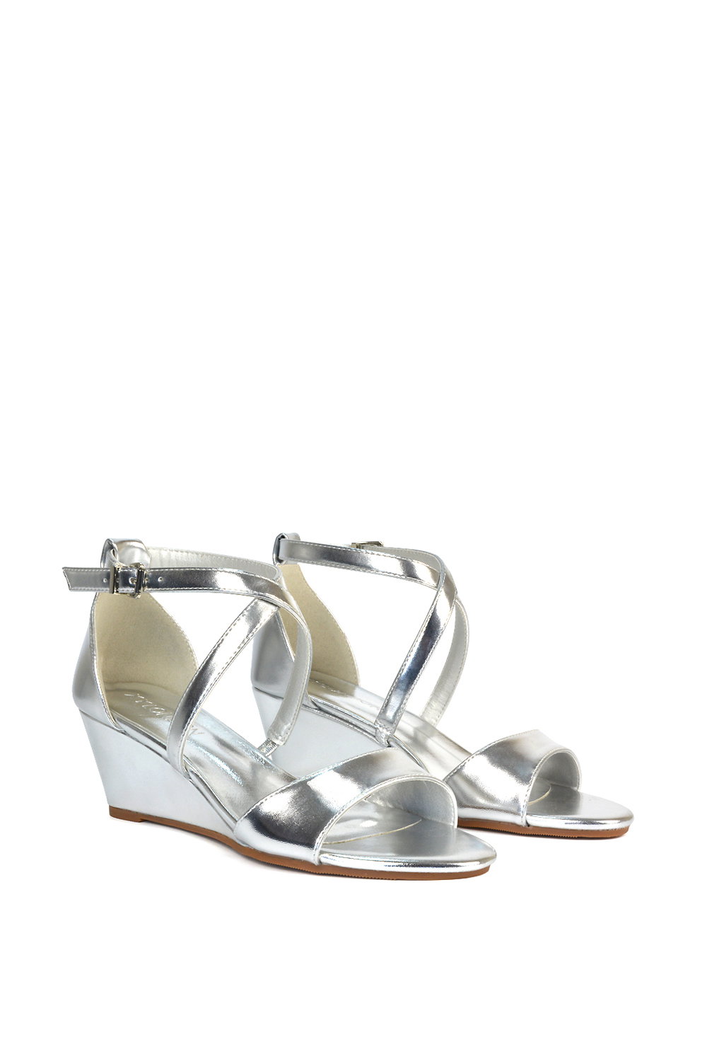 Silver XY LONDON Silver 'Kylie' Strappy Sandal Wedge Heels With Ankle Strap, Image 3 of 6
