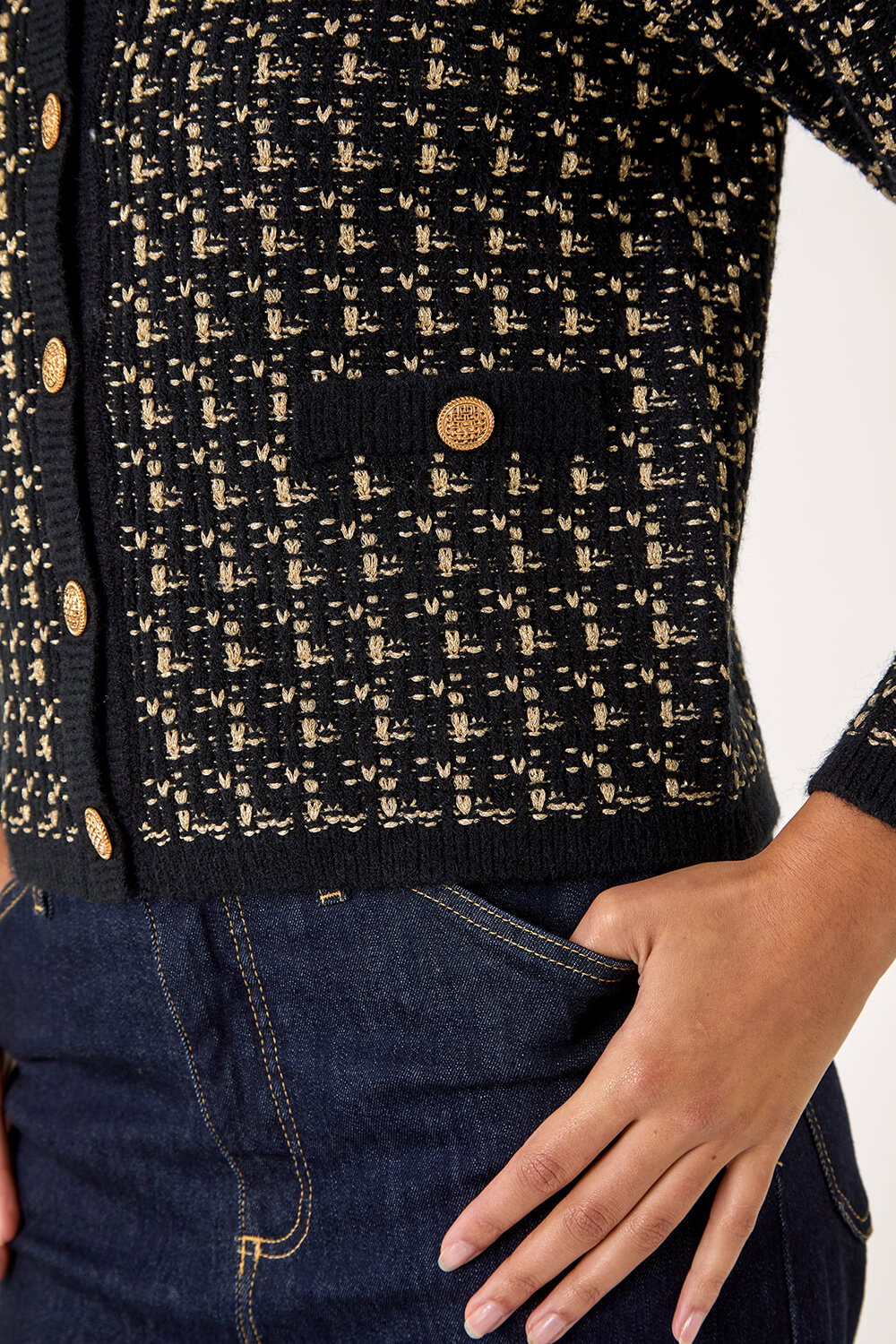 Black Textured Boucle Button Knit Cardigan, Image 6 of 5