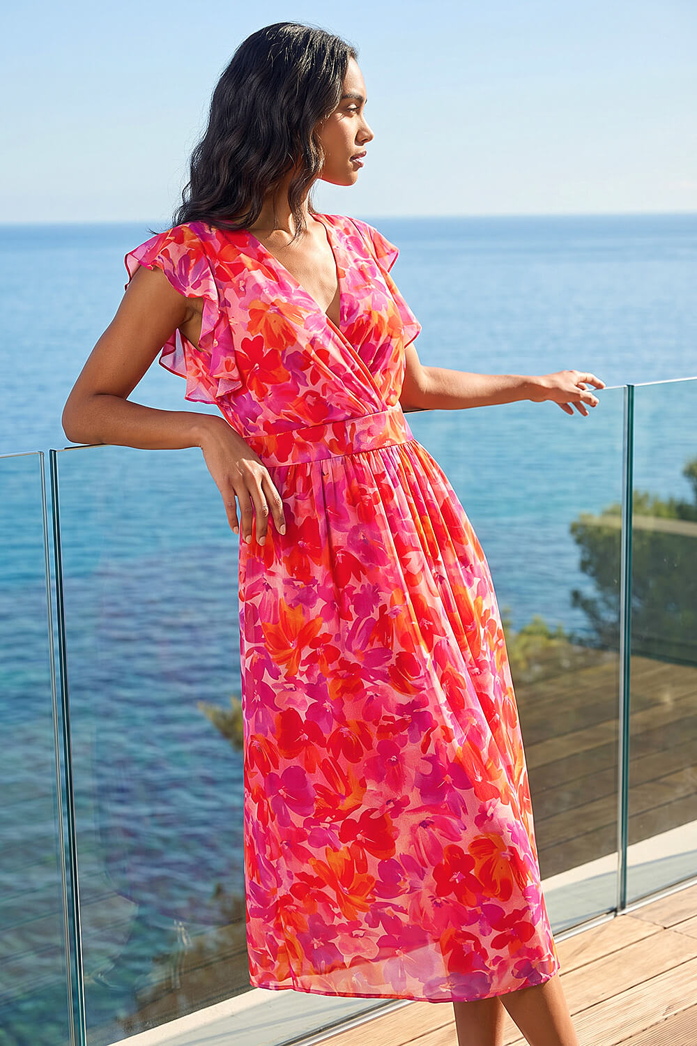 Orange Floral Bias Midi Dress, Image 3 of 4