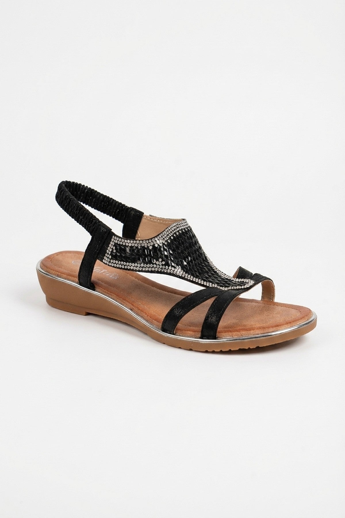 Black Amelia Womens Rhinestone Strappy Flat Sandals