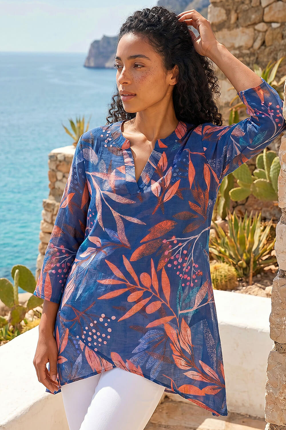 Navy Leaf Print Wrap Front Tunic Top, Image 1 of 4