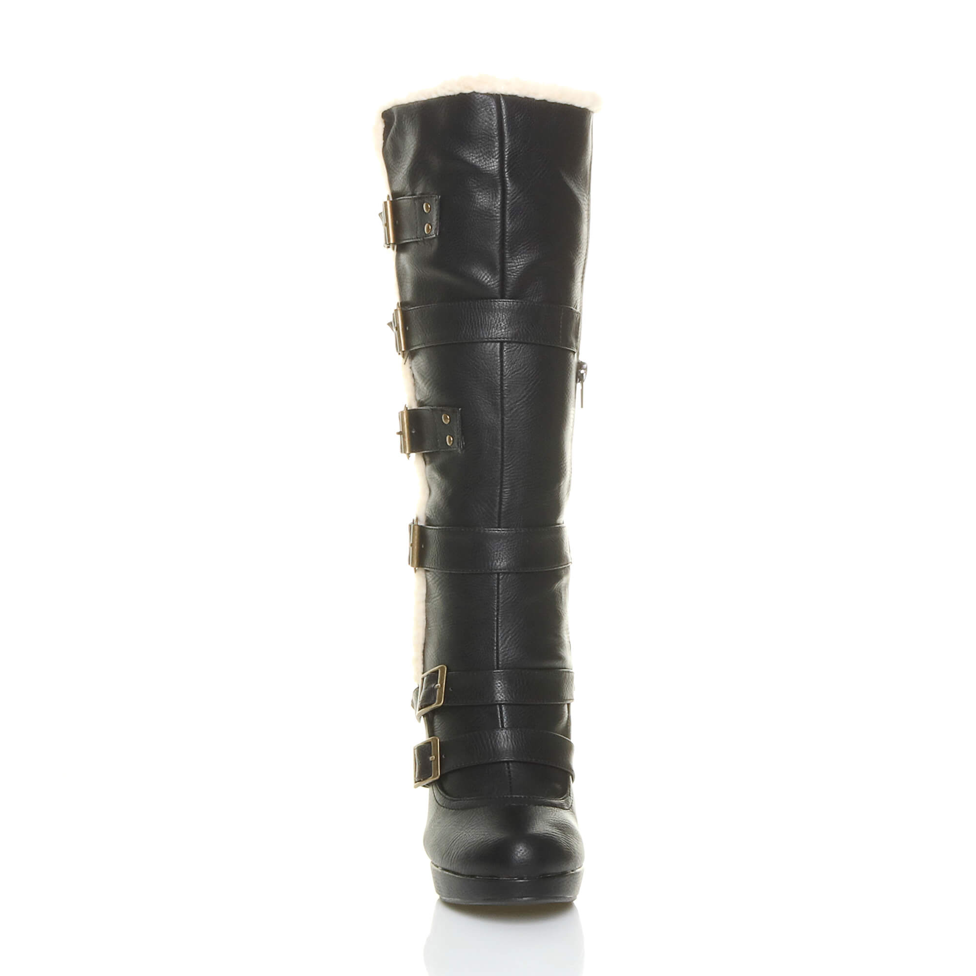Black High Heel Aviator Shearling Trim Platform Calf Boots, Image 6 of 6