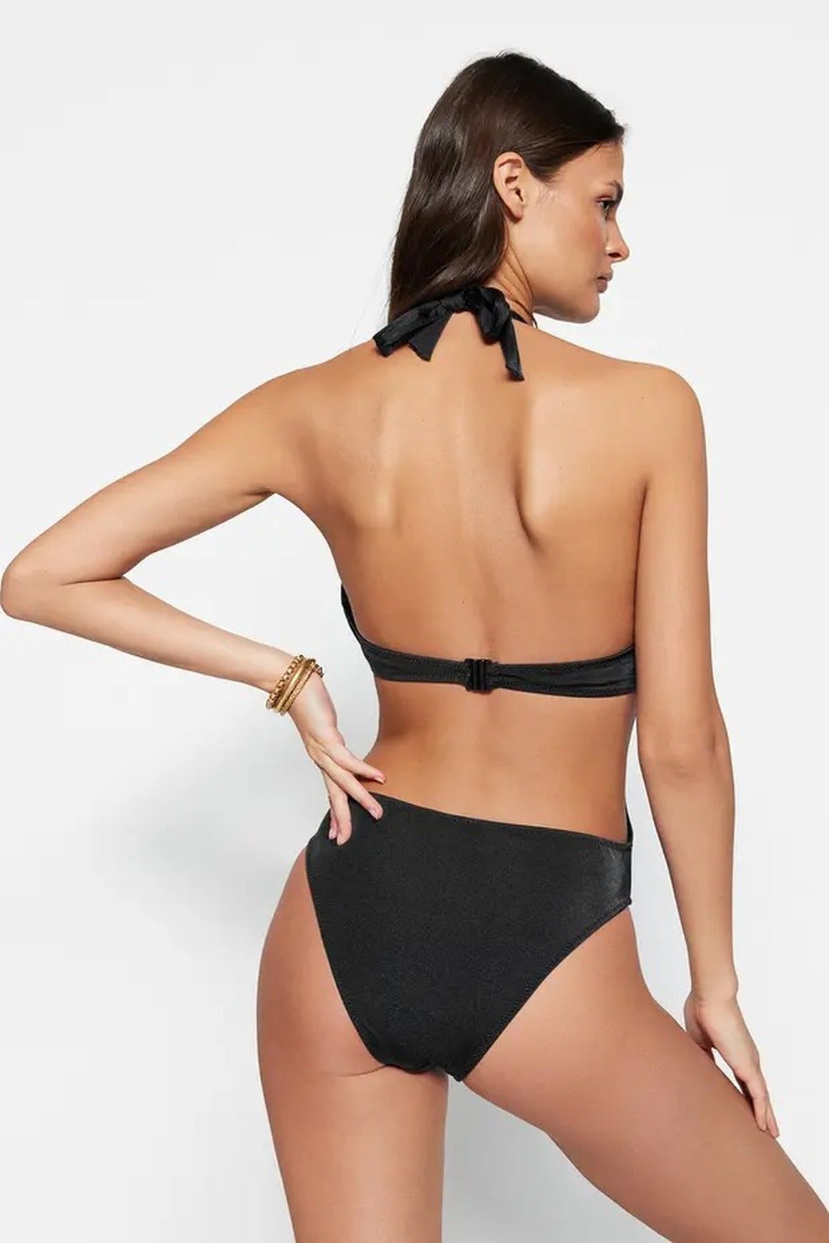 Black WOVCOR Black Plunge Halterneck Cut Out Detail Swimsuit, Image 3 of 3