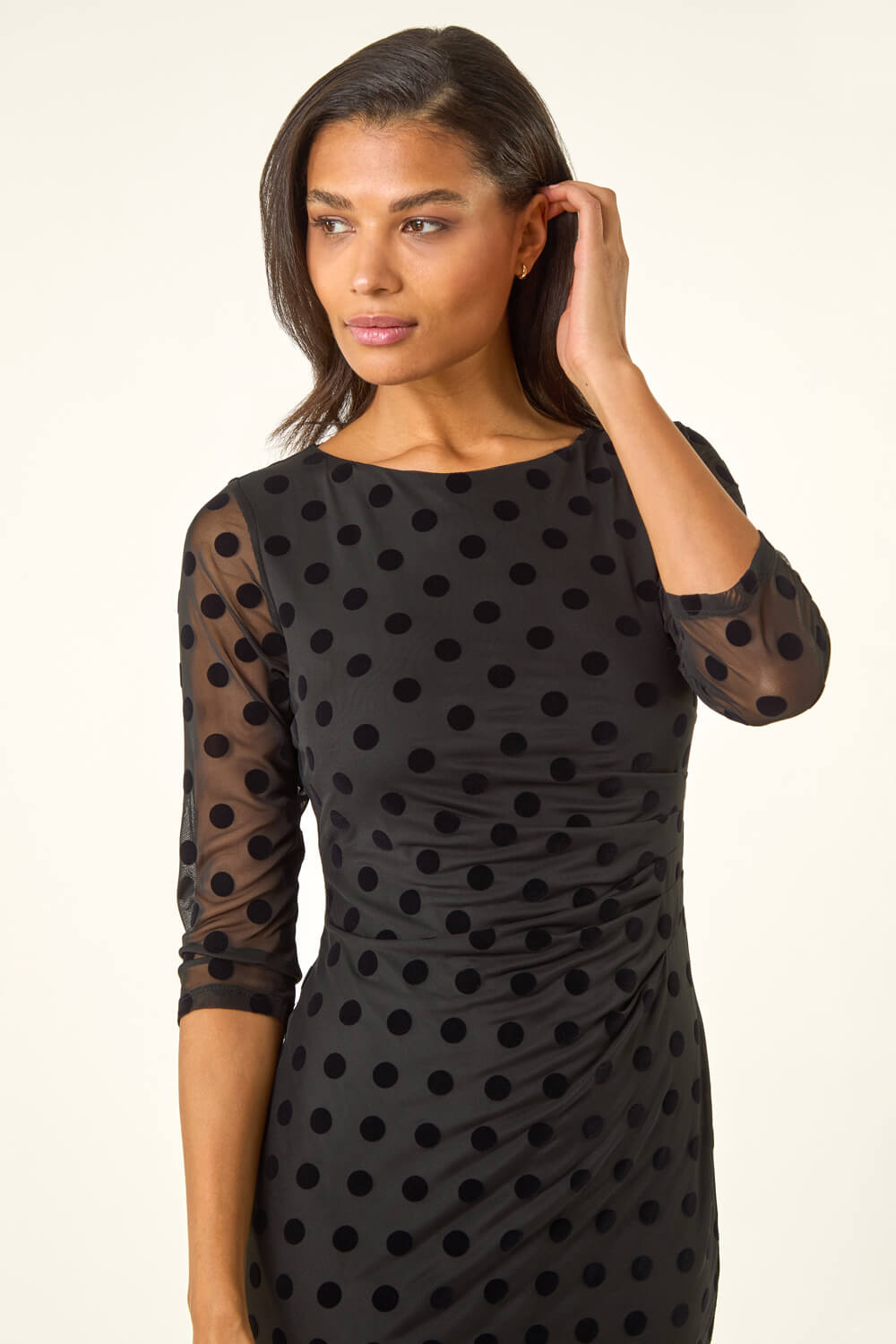 Black Polka Dot Ruched Stretch Dress | Roman UK