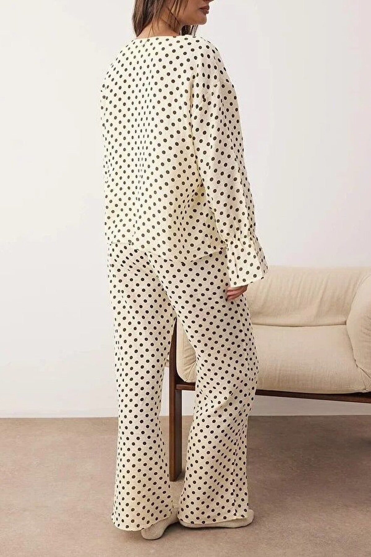 Ecru Polka Dot Cotton Muslin Wide Leg Long Sleeve Pyjama Set, Image 2 of 3