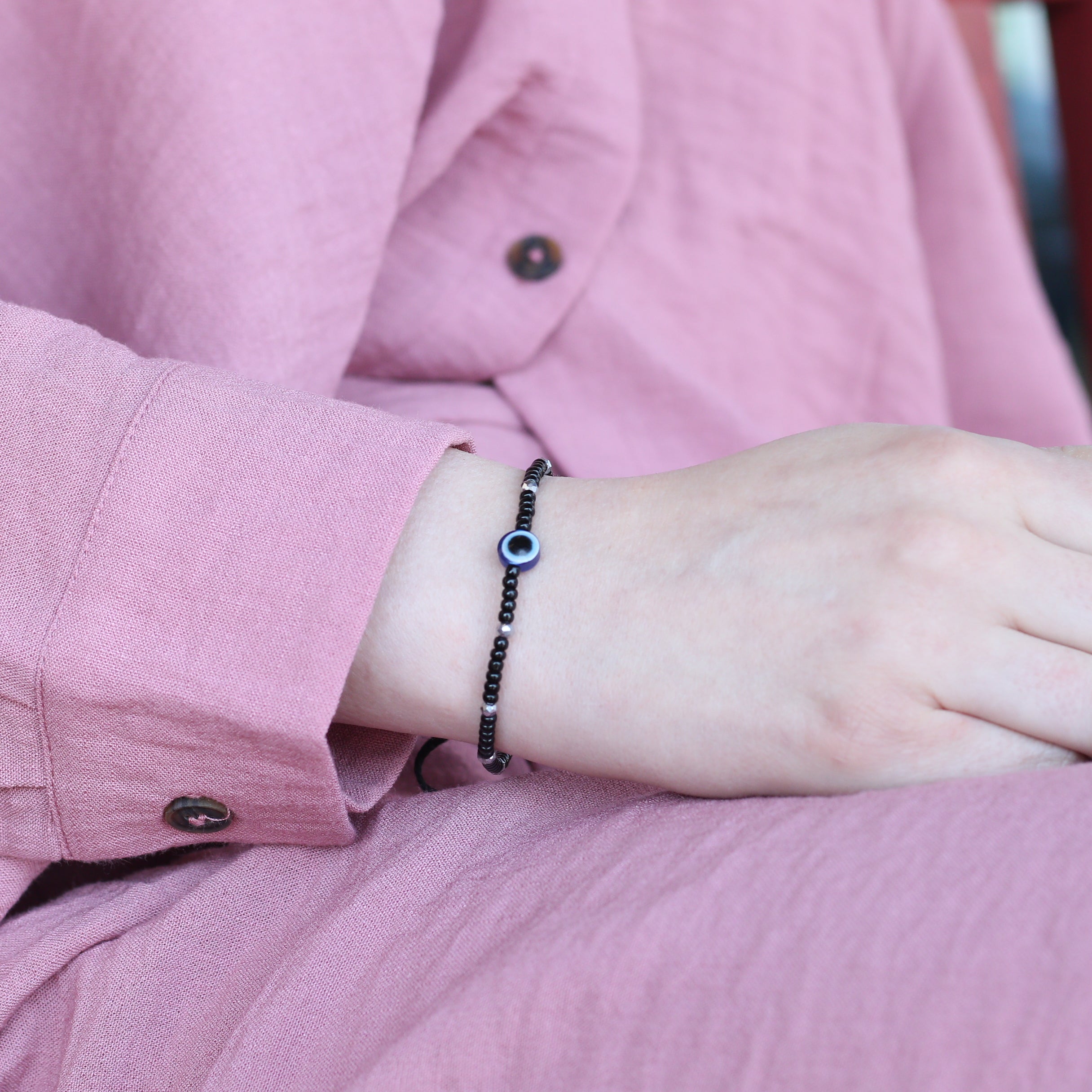 Black Adjustable Evil Eye Beaded Bracelet, Image 4 of 4