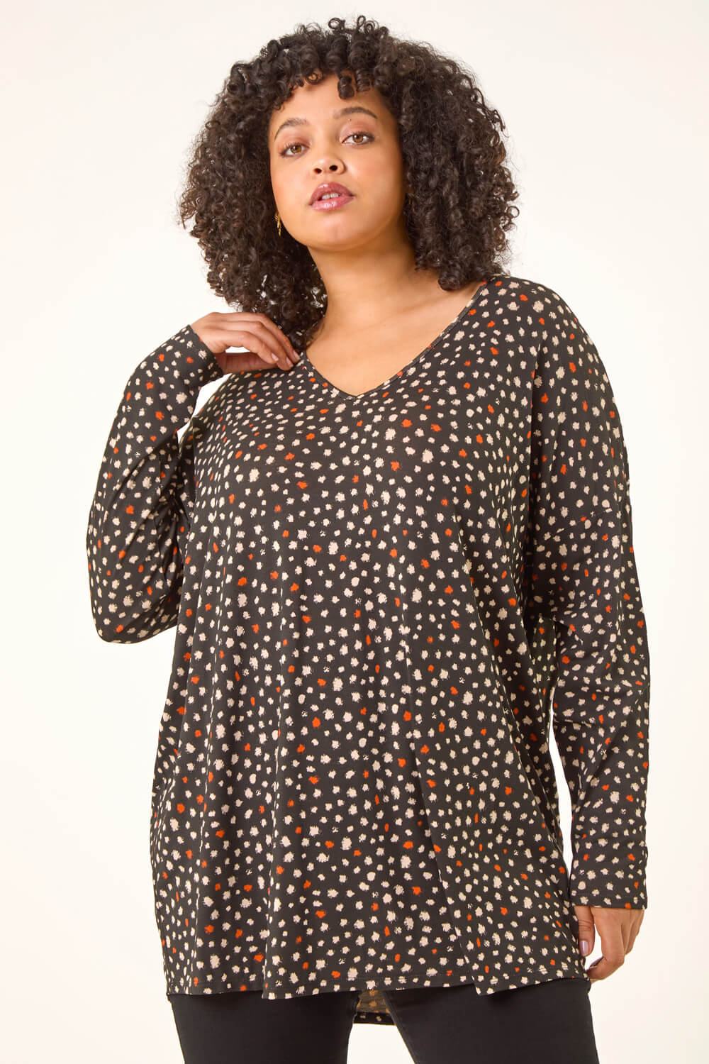 Black Curve Spotted V-Neck Stretch Top, Image 5 of 5