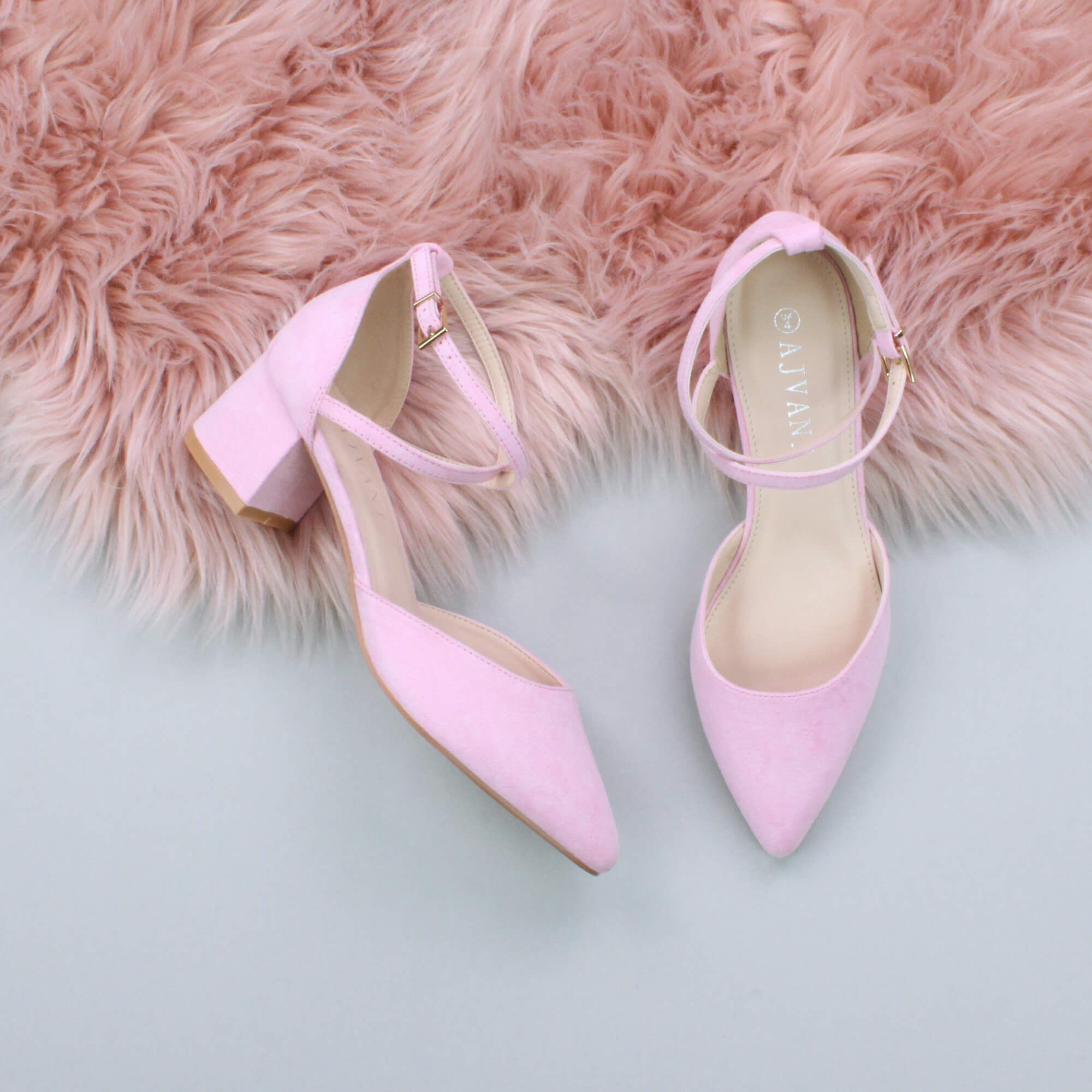 Light Pink AJVANI Light Pink Mid Block Heel Crossed Strap Pointed Toe 2 Part Heels, Image 4 of 6