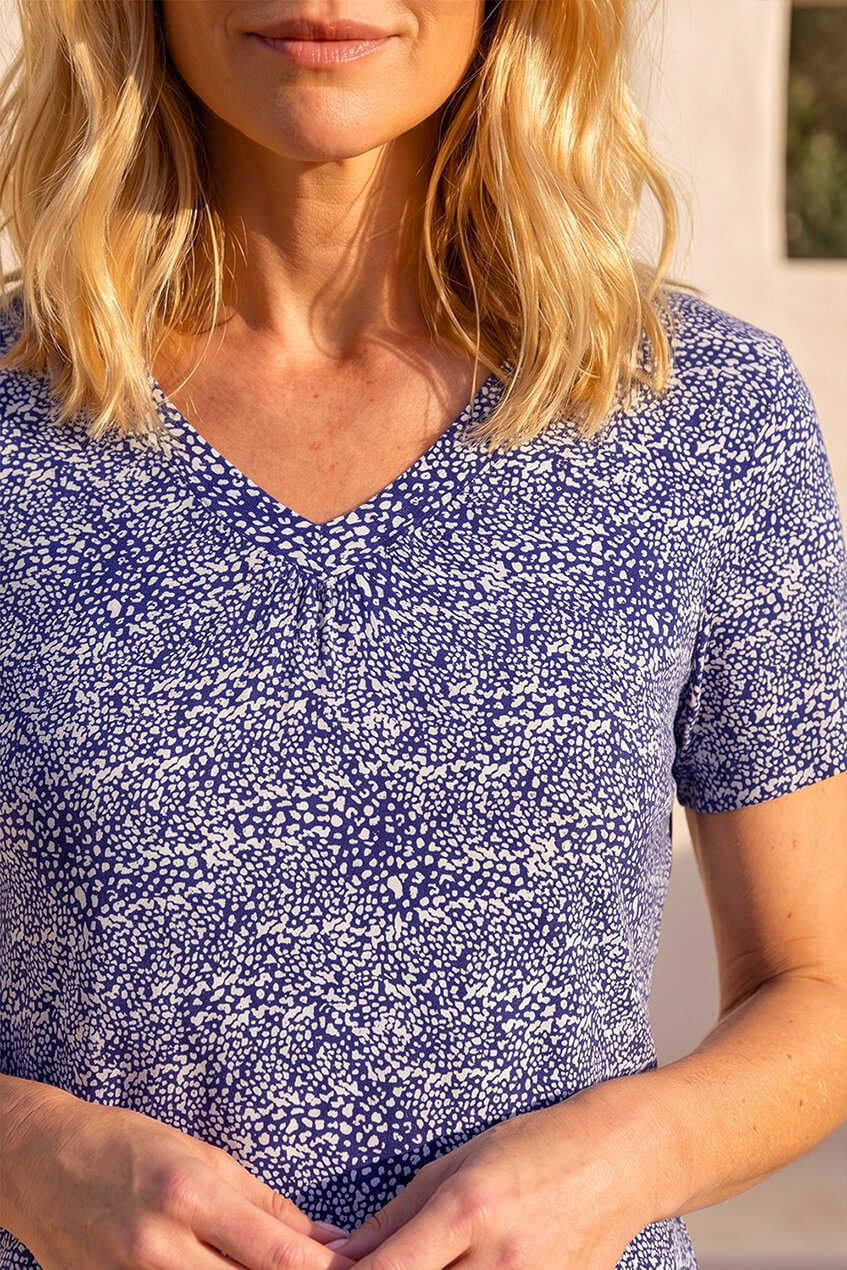 Navy Classic Abstract Animal Print Gather Top, Image 5 of 4