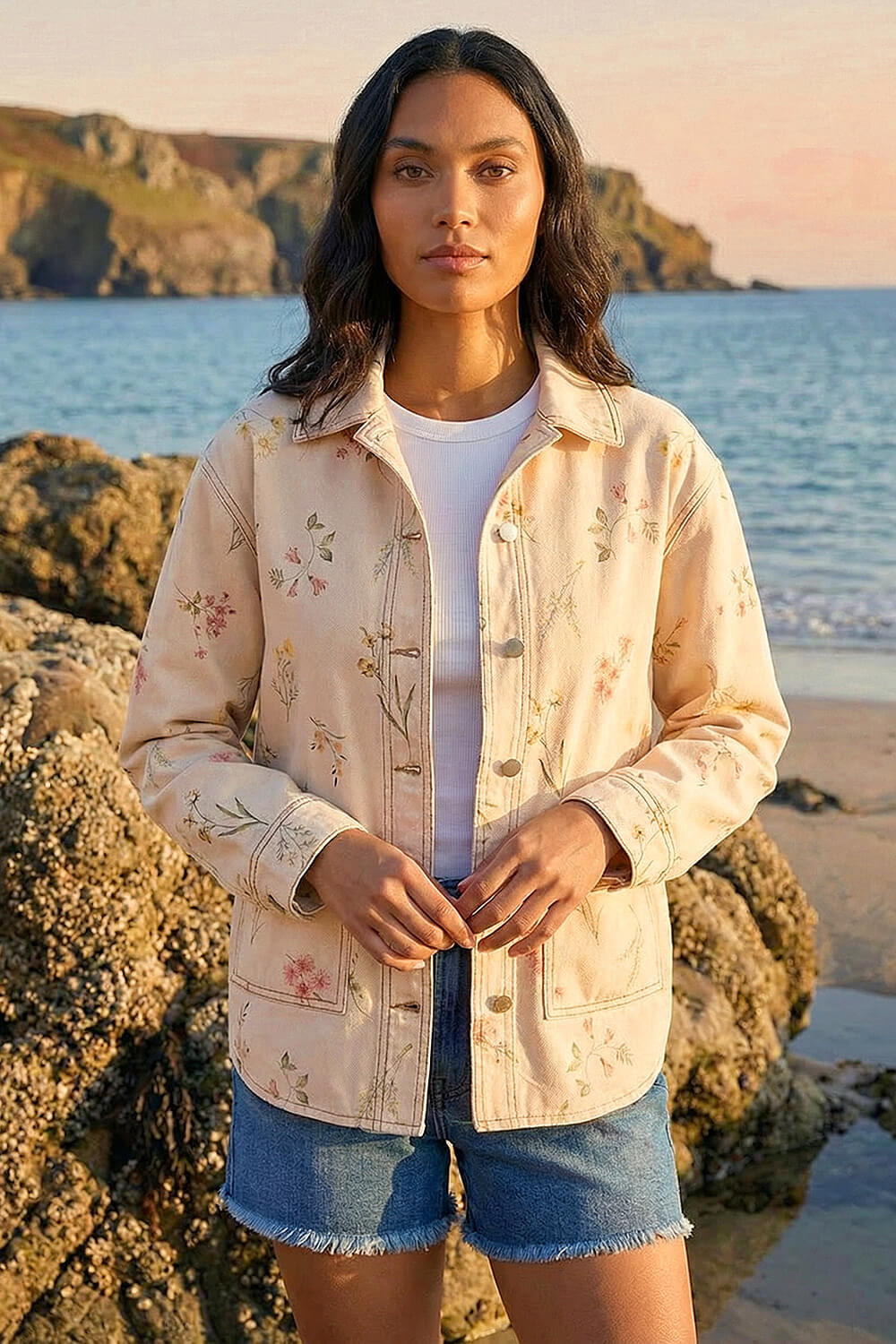 Neutral Floral Denim Jacket, Image 1 of 4
