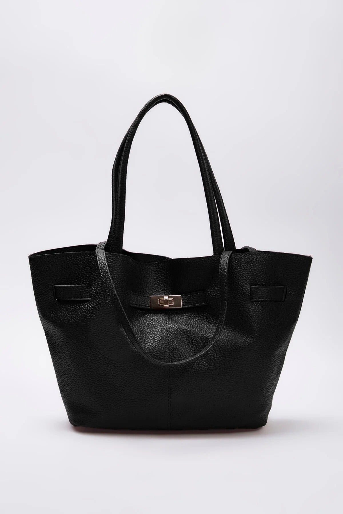Black Turn Lock Pebbled Tote Shoulder Bag, Image 1 of 4