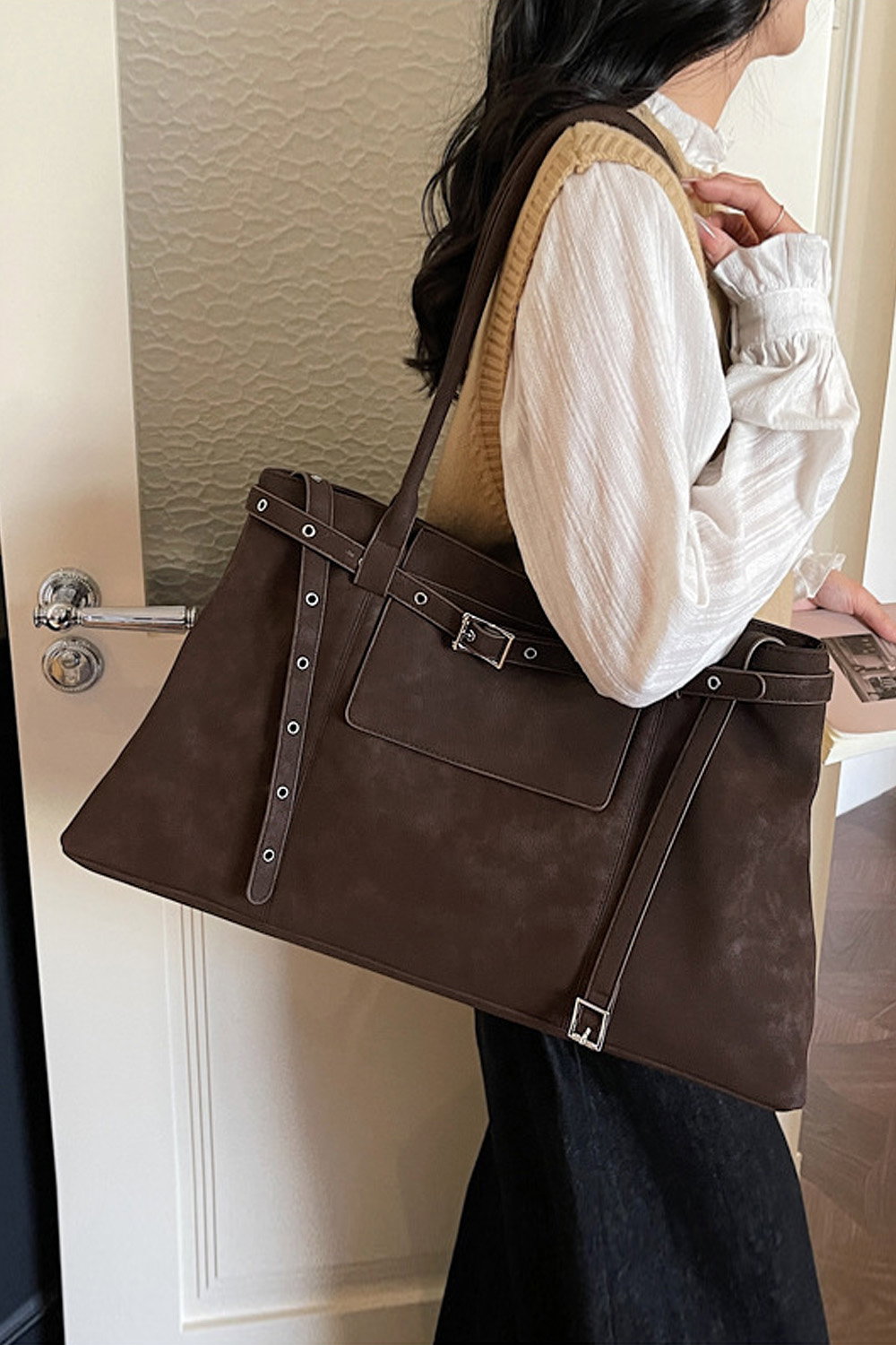 Black 'Hadley' Women's Large Shoulder Double Belted Tote Bag