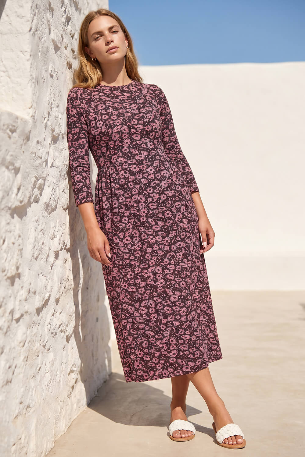 Pink Floral Print Ruched Midi Dress, Image 3 of 4