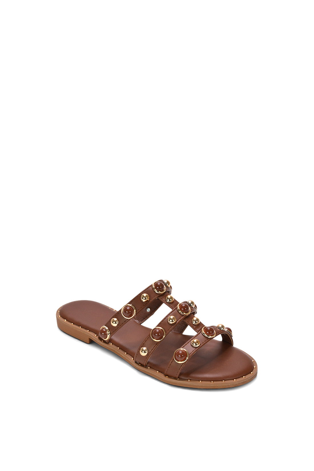 Brown Slip On Sandals With Peal Studded Straps, Image 2 of 6