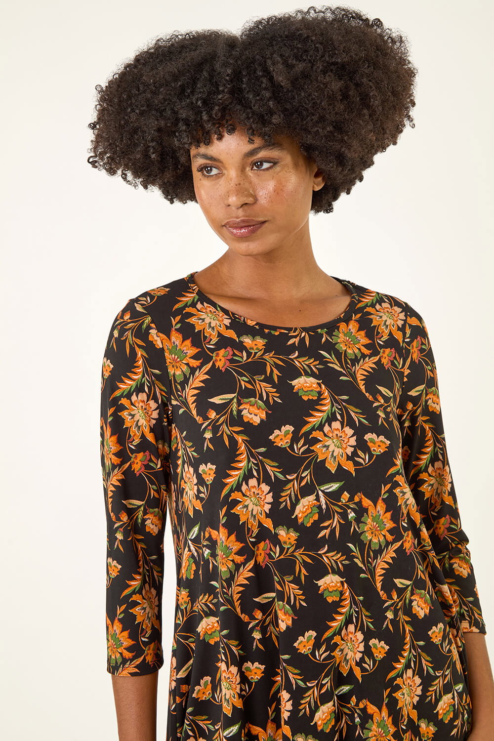 Orange Floral Print Hanky Hem Stretch Top, Image 5 of 5