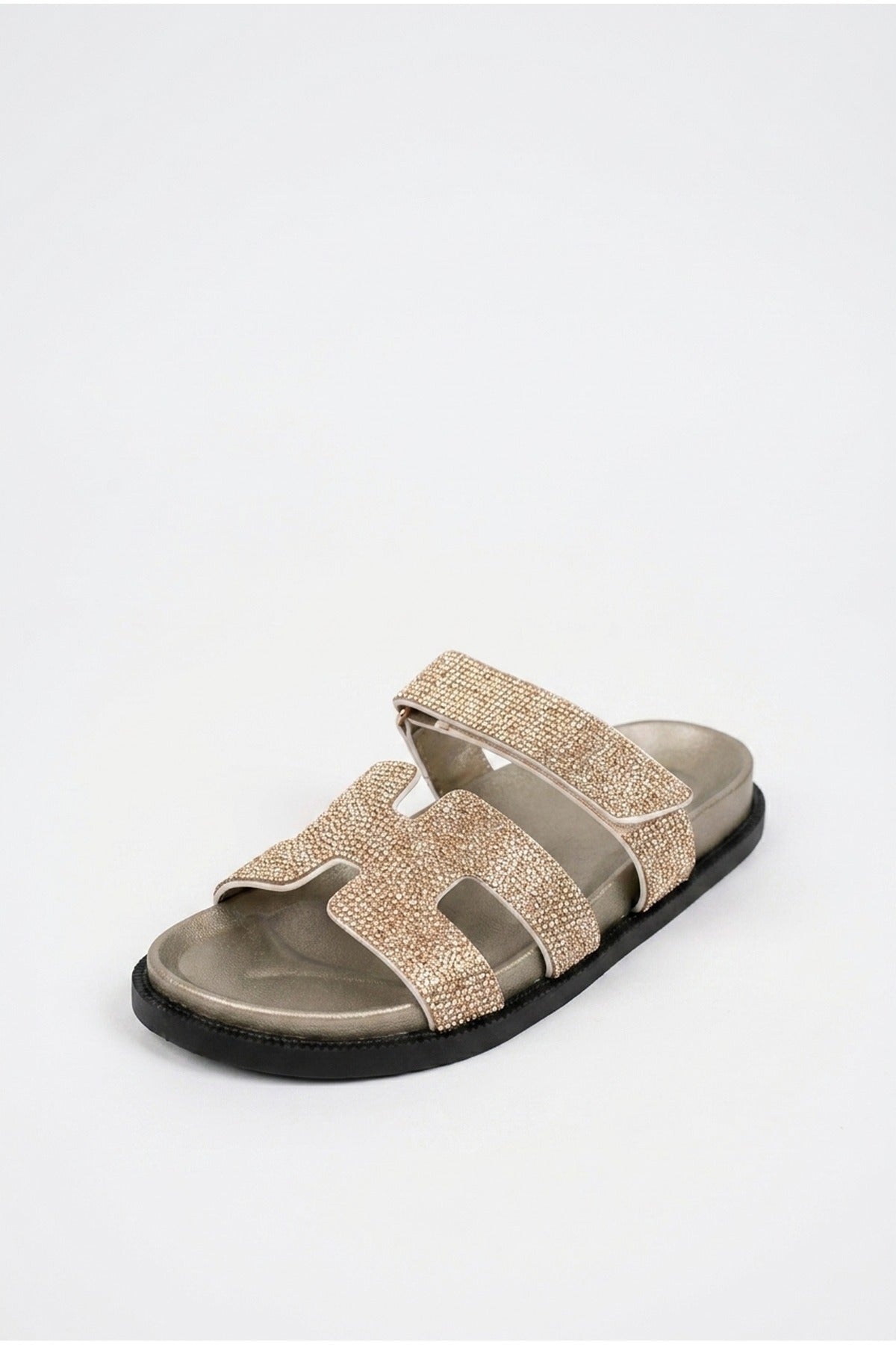 Gold Pearl Rhinestone Embellished Double Strap Sandals, Image 2 of 5