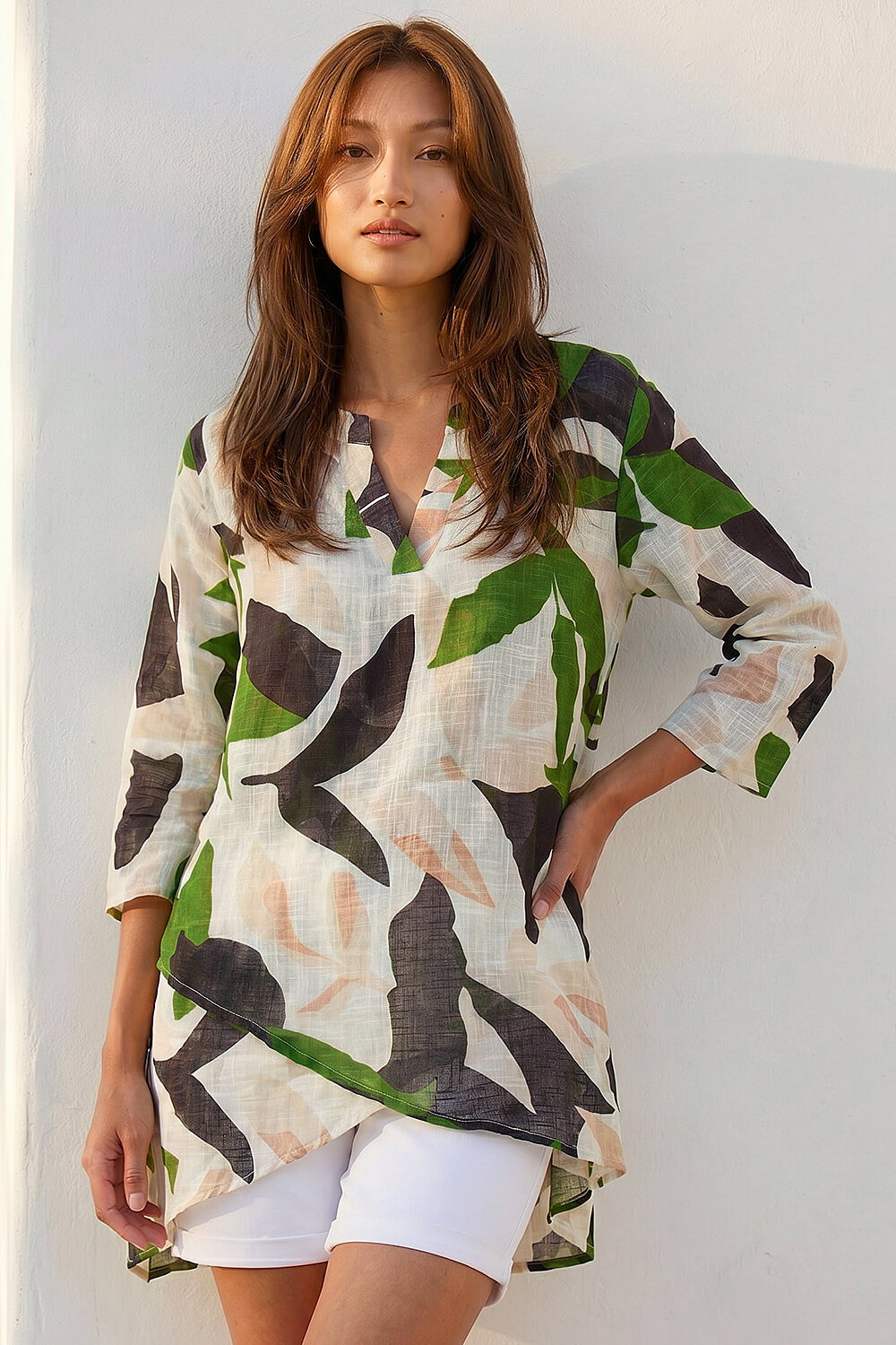 Green Leaf Print Wrap Front Tunic Top | Roman UK