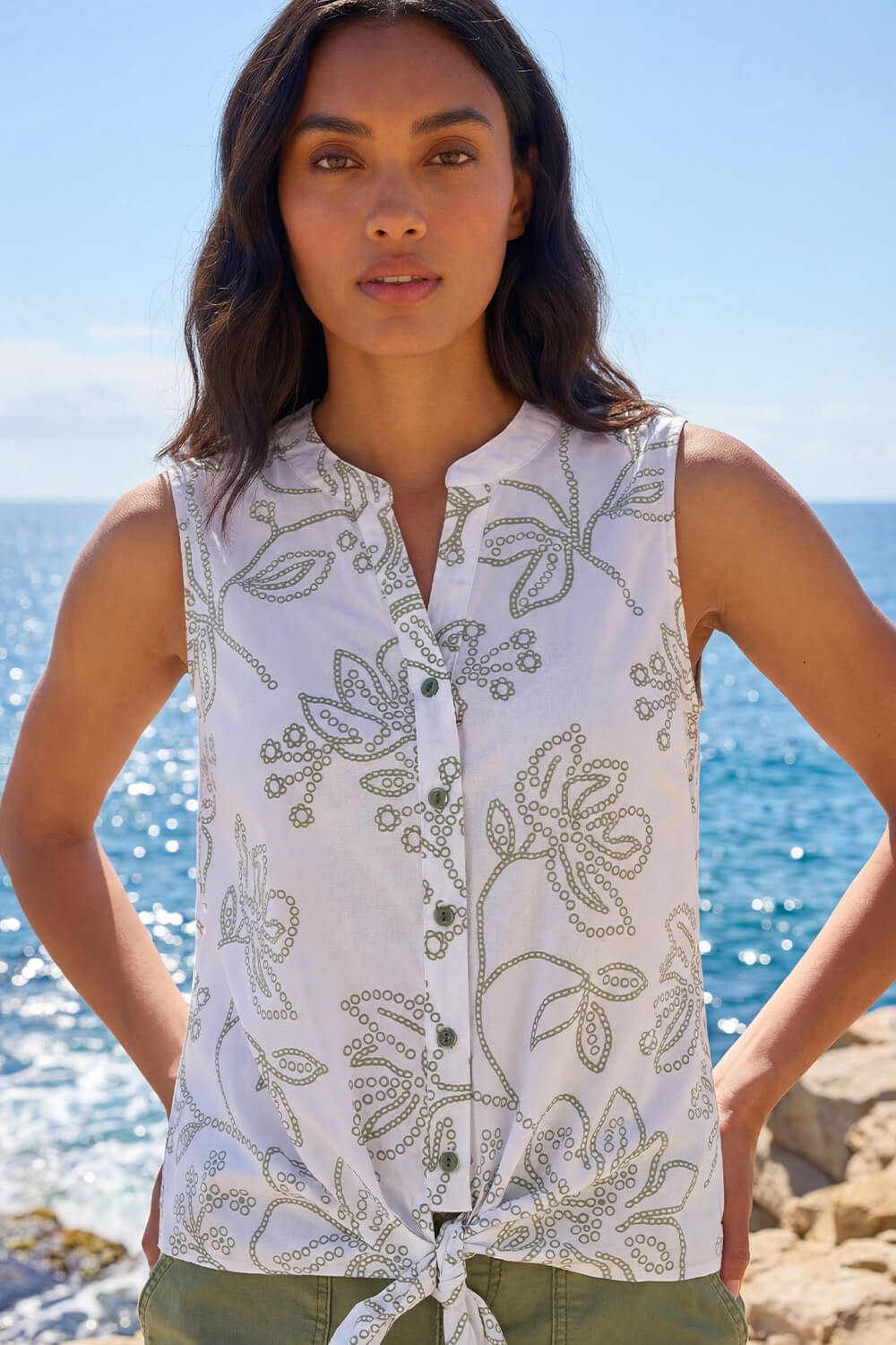 Khaki Floral Puff Print Tie Blouse, Image 1 of 4