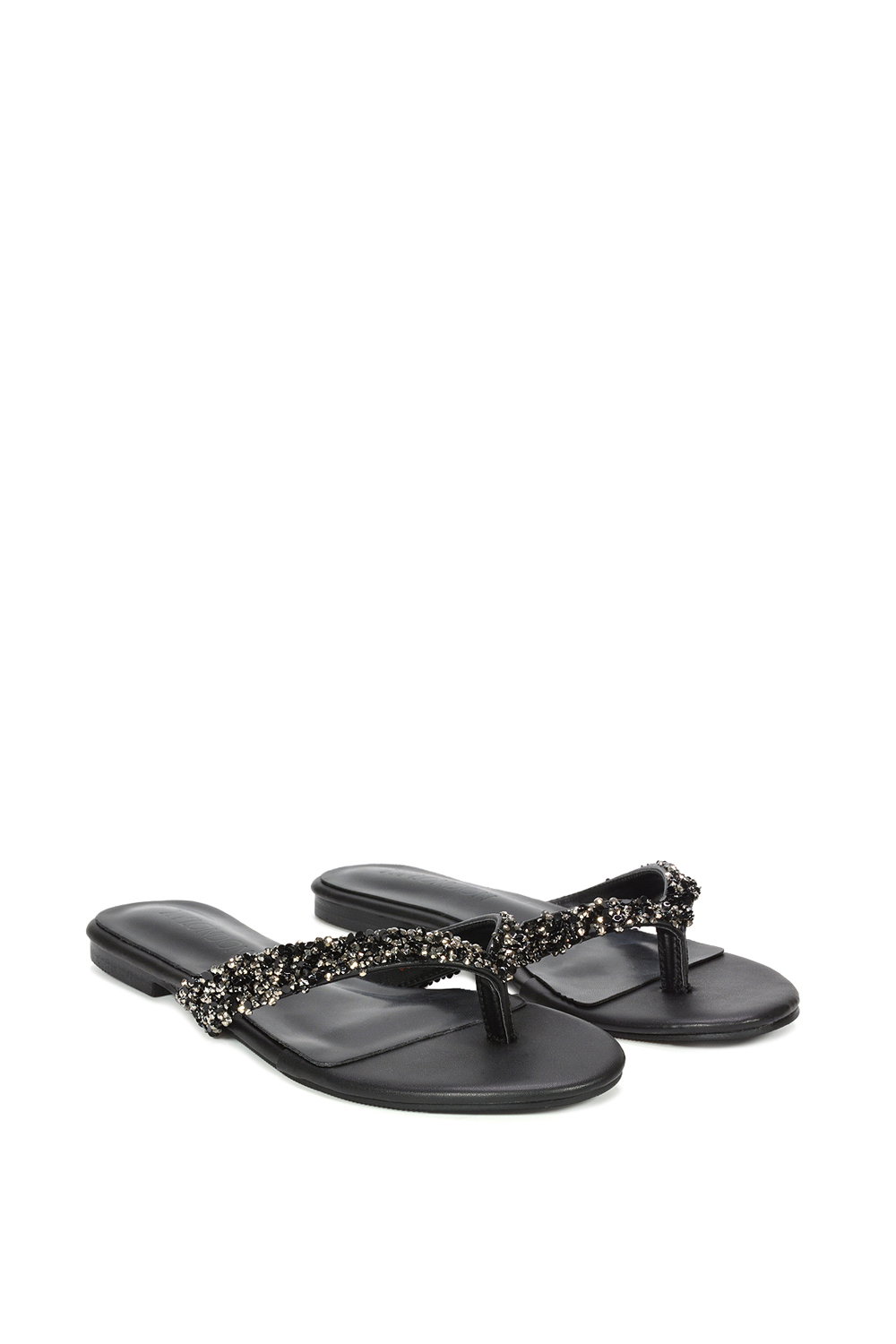 Black 'Veda' Flat Flip Flop Sandals With Jewel Details, Image 3 of 7