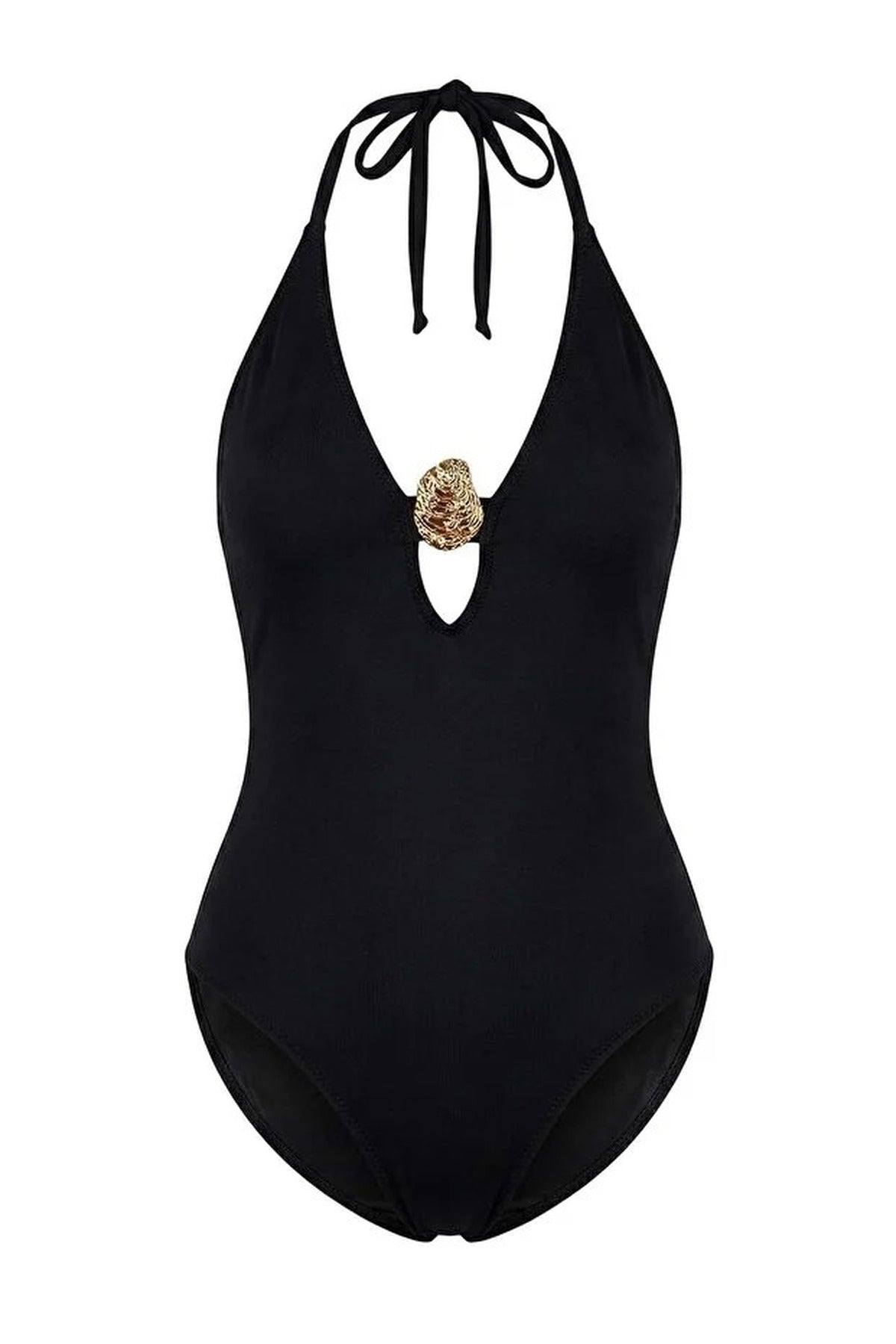Black Halterneck Cut Out Swimsuit with Hardware Detail, Image 3 of 5
