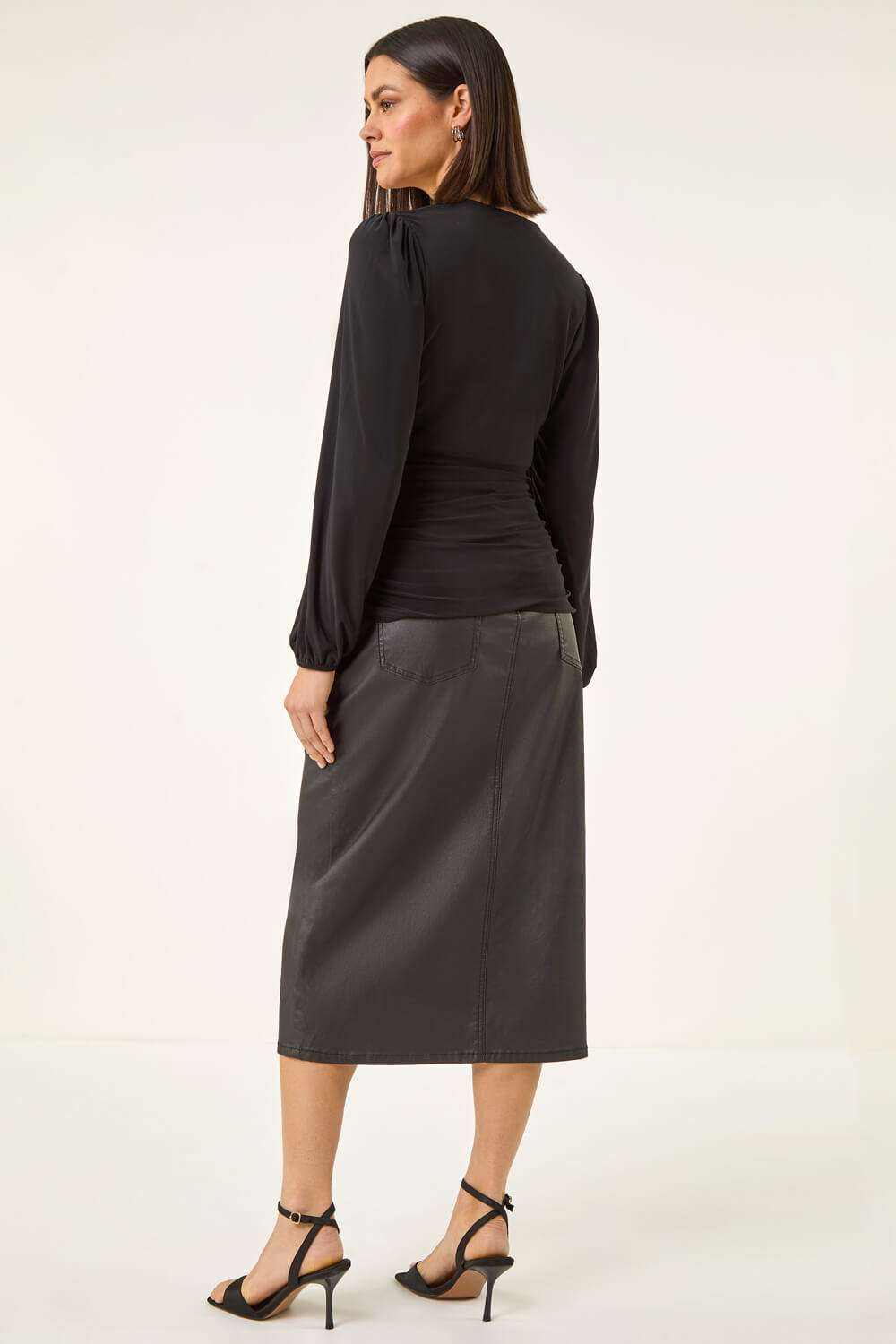 Black Gathered V-Neck Stretch Top, Image 4 of 5