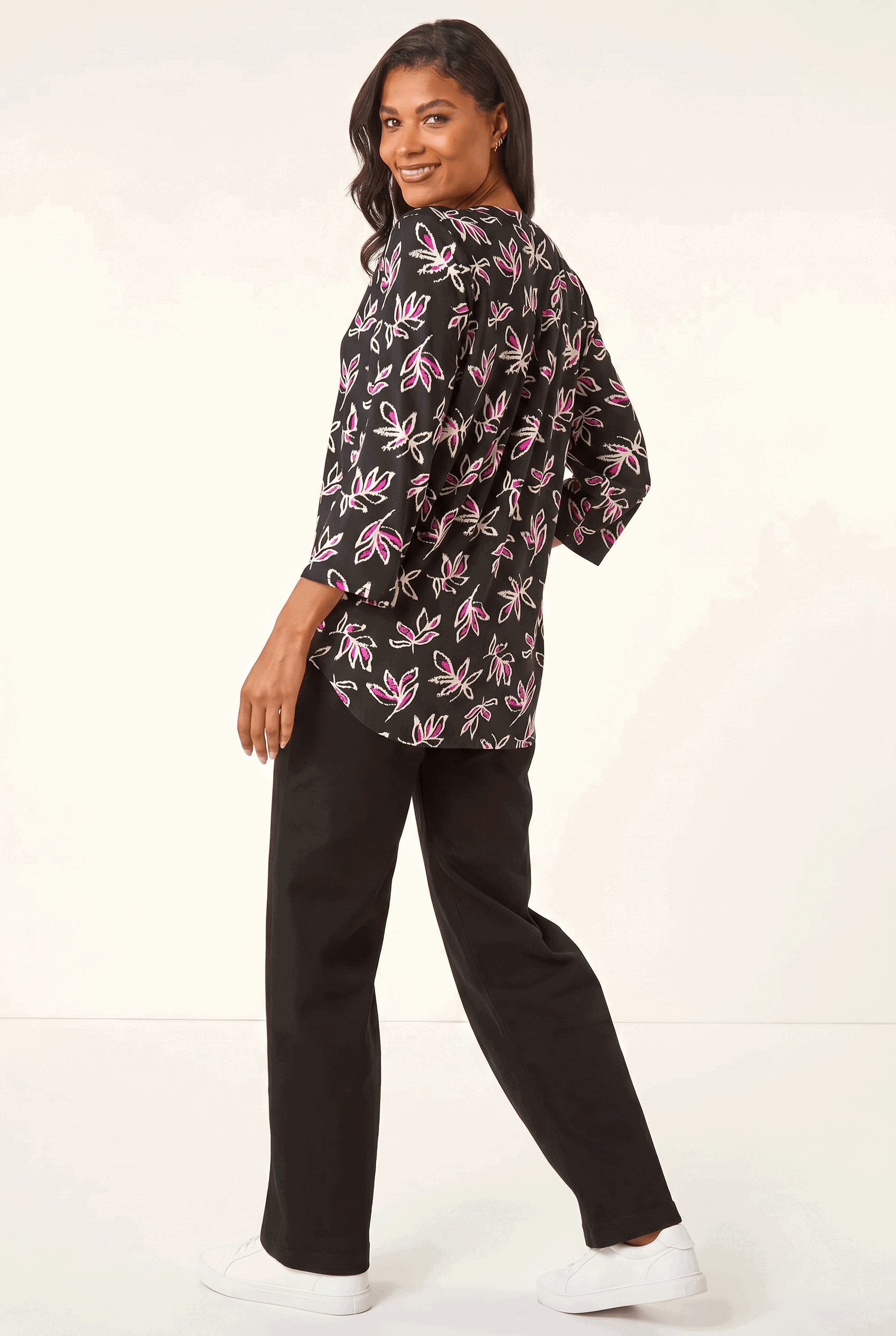 Black Abstract Print V-Neck Stretch Top, Image 3 of 5