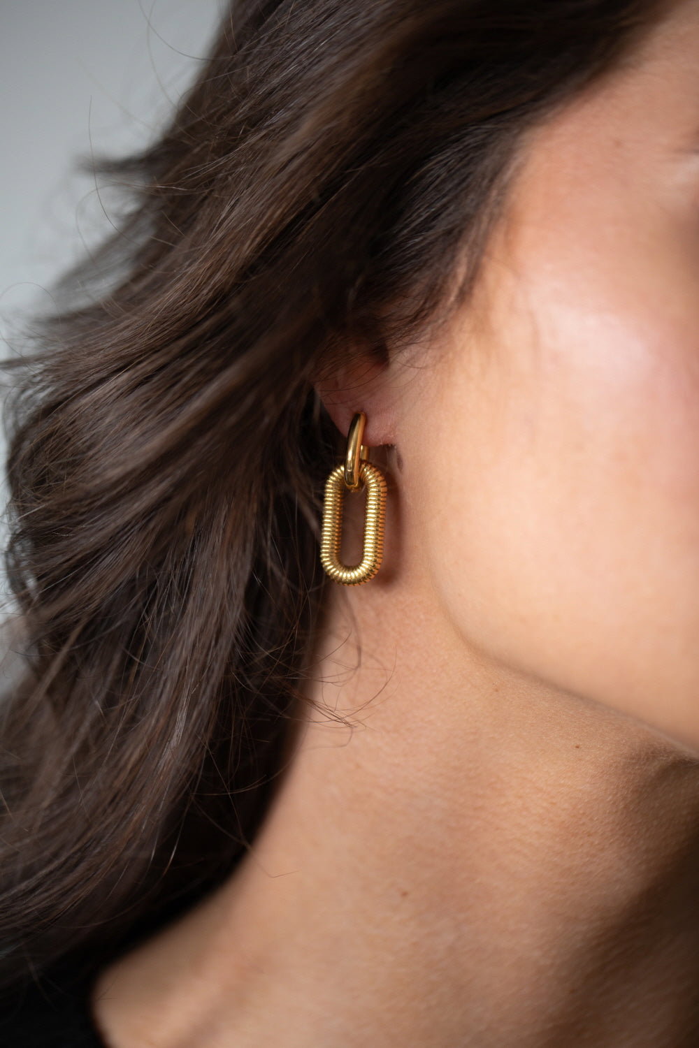 Gold Ribbed Oval Hoop Earrings, Image 2 of 4