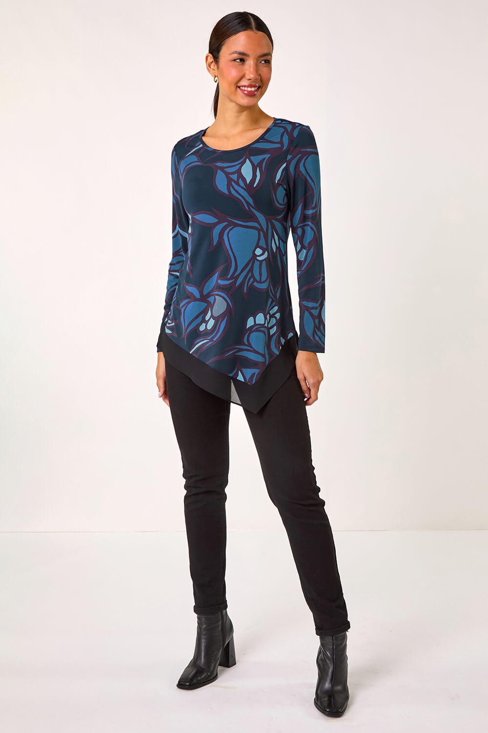 Blue Floral Print Chiffon Hem Top, Image 3 of 5
