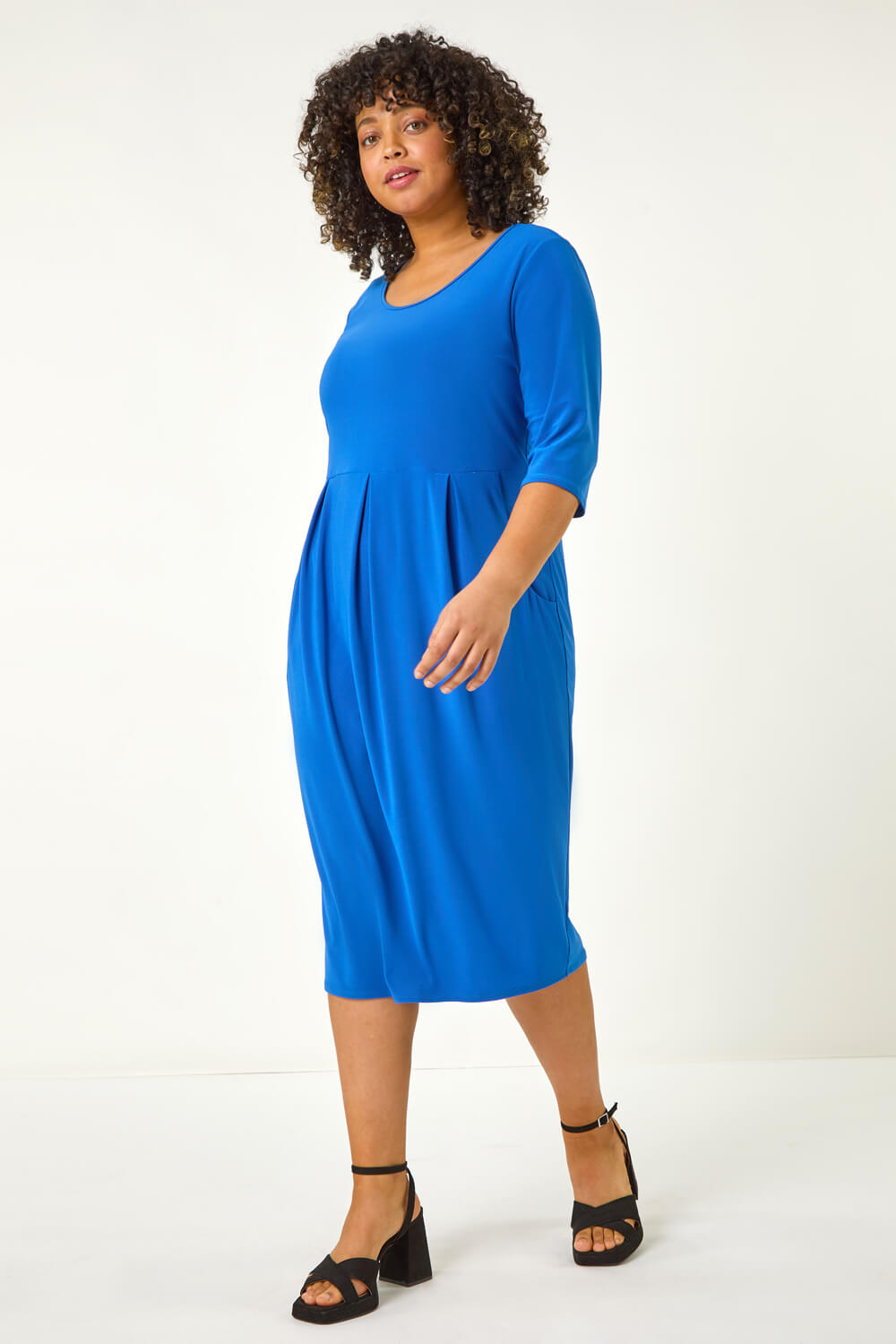 Royal Blue Curve Pocket Shift Midi Dress, Image 3 of 5