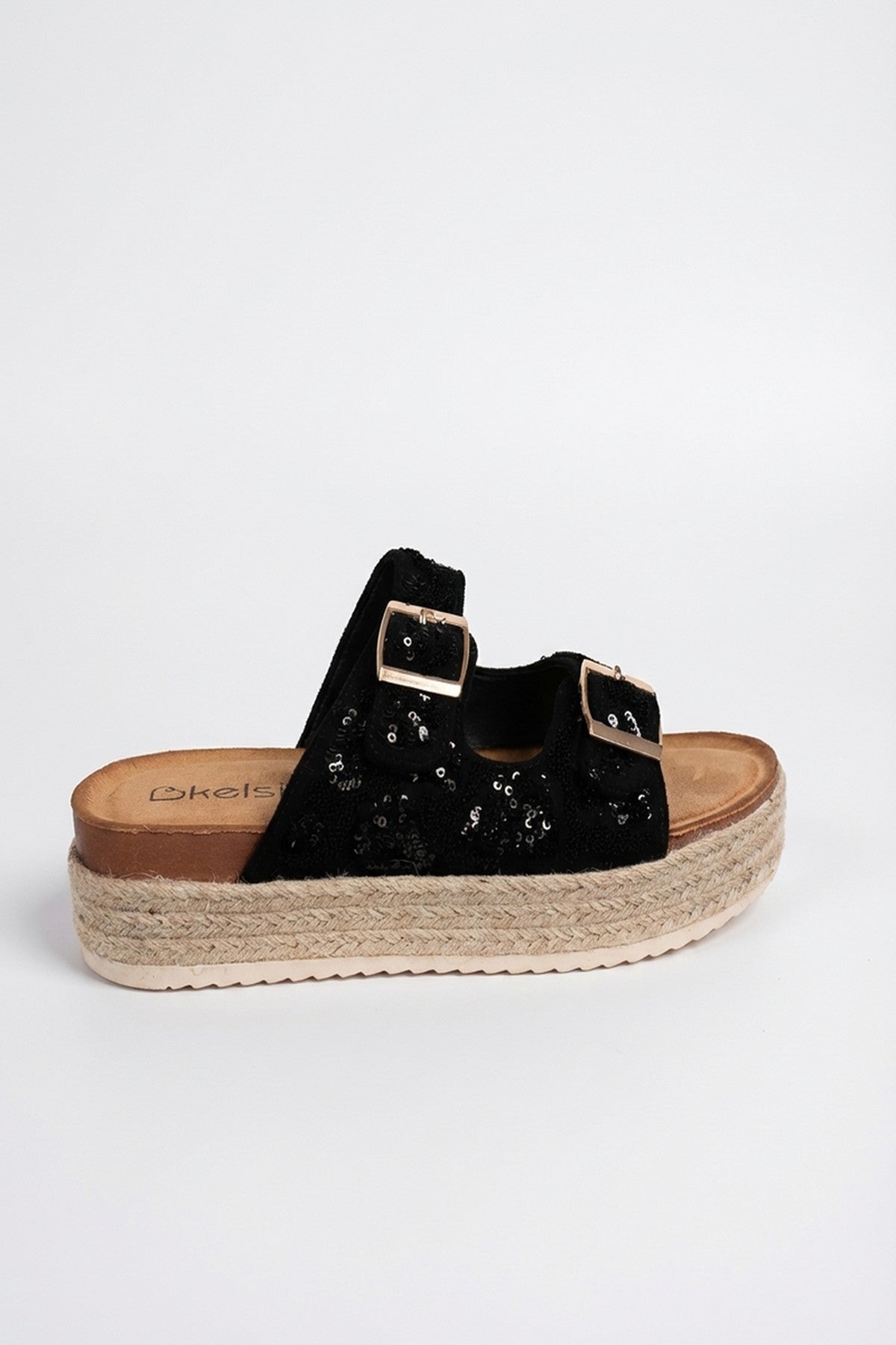 Black Isla Womens Sequin Platform Espadrille Sandals